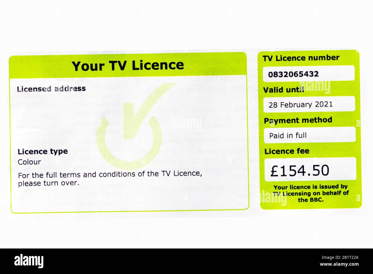 UK Color TV-Lizenz 2020. Fernsehlizenz Stockfoto
