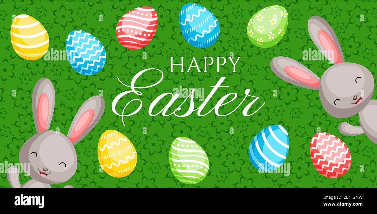 Fröhliches Osterbegrüßungsbanner mit сolorful Häschen und Eiern. Vektorgrafiken für den Ostertag Stock Vektor