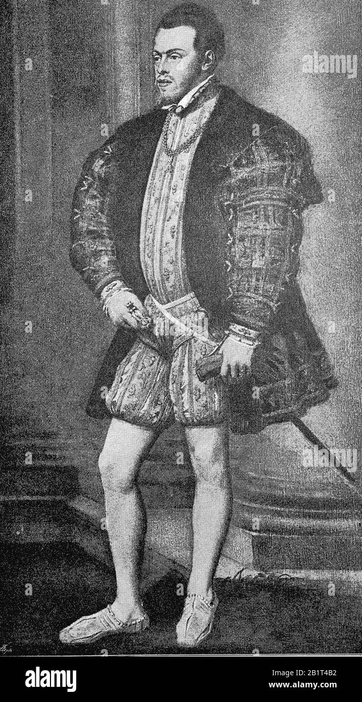 Philipp II. Von Spanien, Felipe II., 21. Mai 1527 - 13. September 1598, war König von Spanien und König von Portugal/Philipp II Von Spanien, Felipe II., 21. Mai 1527 - 13. September 1598, war König von Spanien und König von Portugal, historisch, digital verbesserte Wiedergabe eines Originals aus dem 19. Jahrhundert / Digitale Produktion einer Originalanlage aus dem 19. Jahrhunderts Stockfoto