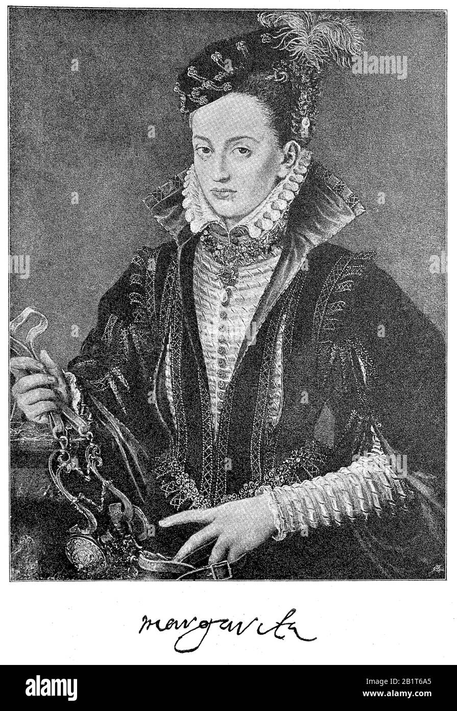 Margaret von Parma, Margherita di Parma, 5. Juli 1522 - 18. Januar 1586, war von 1559 bis 1567 und von 1578 bis 1582 Gouverneur der Niederlande. Sie war die uneheliche Tochter des damals 22-jährigen Heiligen römischen Kaiser Karl V. und Johanna Maria van der Gheynst/Margarethe von Parma, war eine uneheliche Tocherin Kaiser Karrs V., historisch, digital verbesserte Wiedergabe eines Originals aus dem 19. Jahrhundert / Digitale Produktion einer Originalanlage aus dem 19. Jahrhunderts Stockfoto