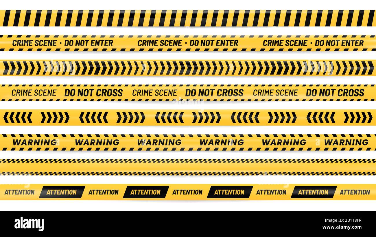 Gefahrenband. Alarmstreifen, Warnband und gestreifte gelbe und schwarze Bänder realistische Vektorgrafiken Stock Vektor