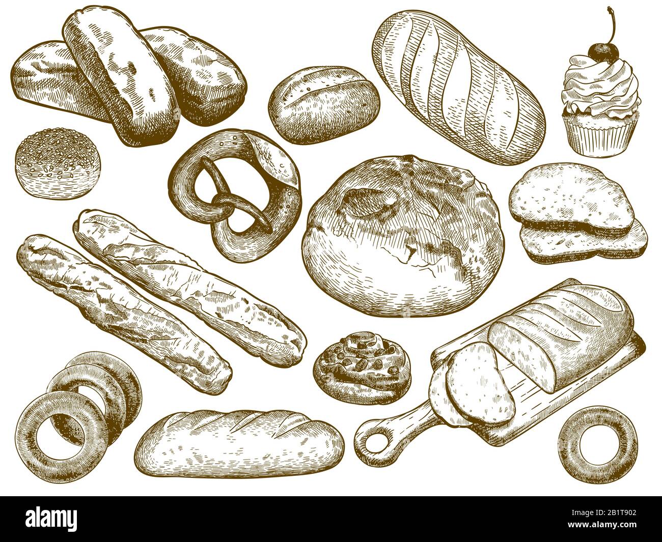 Handgezeichnetes frisches Brot. Sesambrötchen, Brezel und französischer Laib. Skizze Backbrot Vektorgrafik Set Stock Vektor