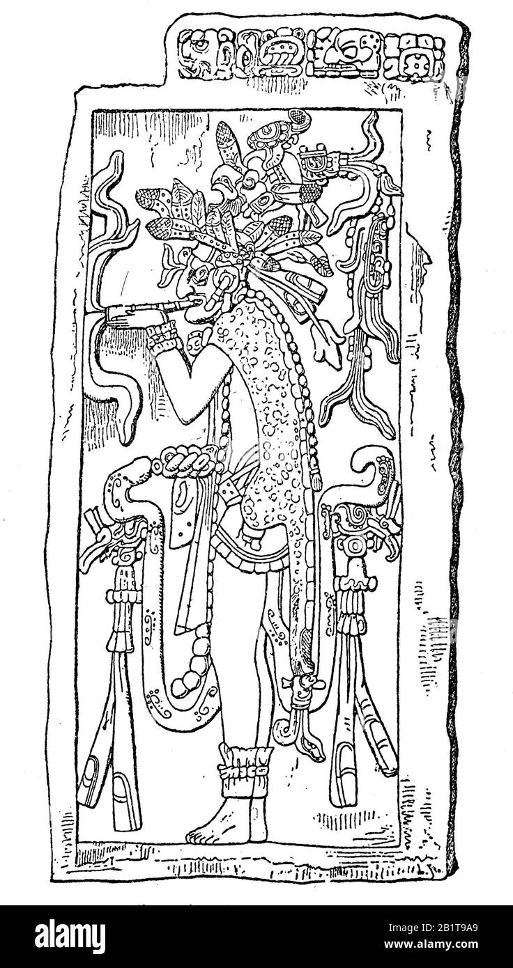 Quetzalcoatl, eine Gottheit in der mesoamerikanischen Kultur und Literatur / Quetzalcoatl, eine synkretistische Gottheit mehrerer mesoamerikanischer Kulturen, historisch, digital verbesserte Wiedergabe eines Originals aus dem 19. Jahrhundert / Digitale Produktion einer Originalanlage aus dem 19. Jahrhundert. Jahrhunderts Stockfoto