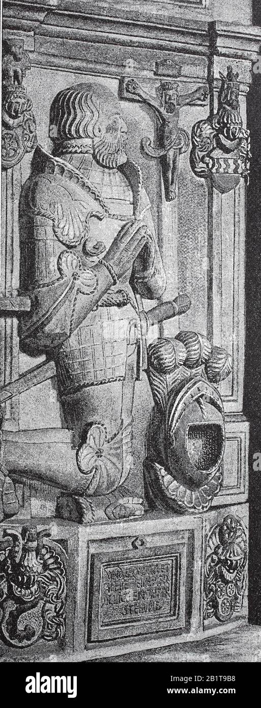 Götz von Berlichingen auf seinem Grabstein im Kloster Schönthal, Deutschland / Götz von Berlichingen Entlastung auf einem Grabstein im Kloster Schönthal, Deutschland, historisch, digital verbesserte Wiedergabe eines Originals aus dem 19. Jahrhundert / Digitale Produktion einer Originalanlage aus dem 19. Jahrhunderts Stockfoto