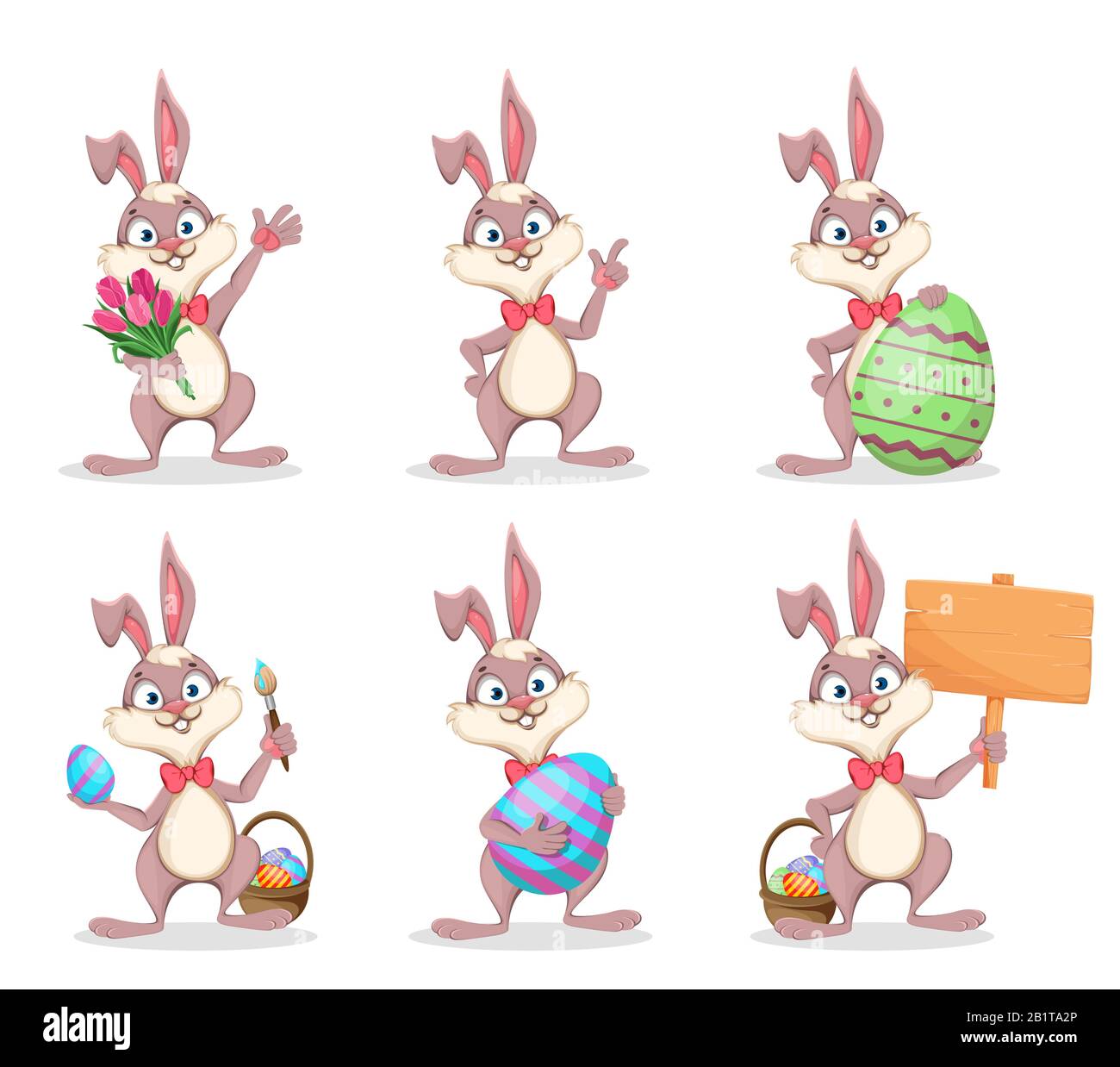 Frohe Ostern, süßes Häschen. Lustiger Zeichentrickkaninchen, Satz mit sechs Posen. Vektor-Darstellung auf weißem Hintergrund Stock Vektor