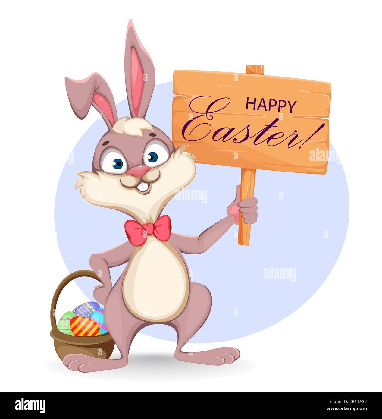 Frohe Ostern Grußkarte. Cartoon-Kaninchen mit Holzschild und Korb voller farbiger Eier. Bestandsvektor Stock Vektor