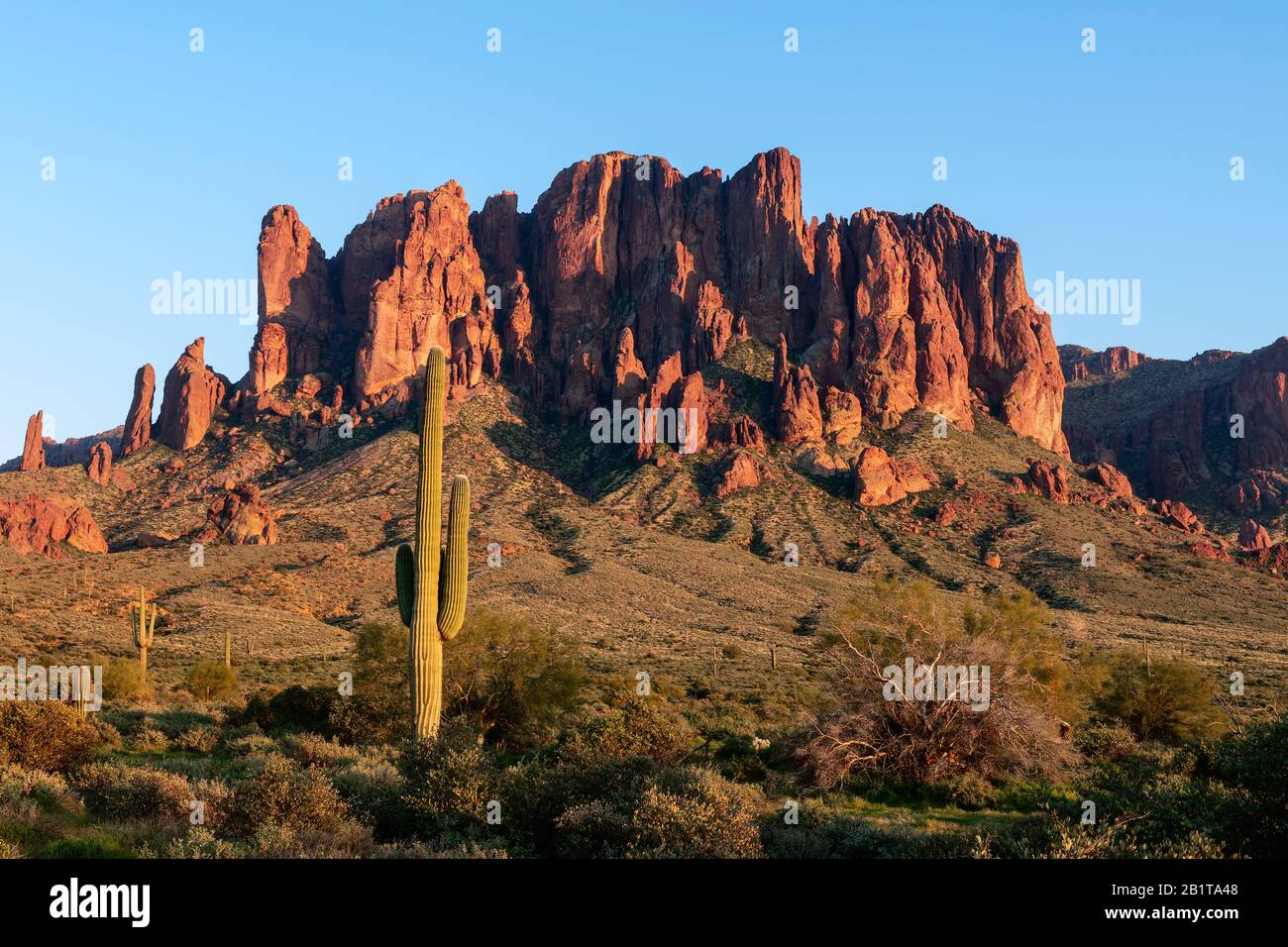 Panoramablick auf die Superstition Mountains im Lost Dutchman State Park in der Nähe von Phoenix, Arizona Stockfoto