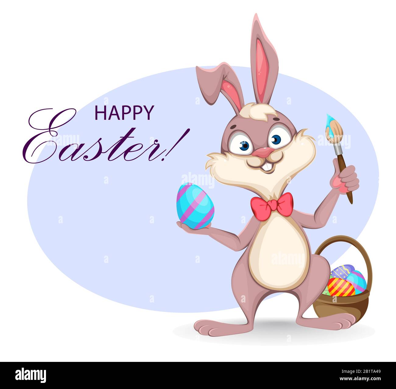 Frohe Ostern Grußkarte. Lustiger Zeichentrickkaninchen hält Pinsel und farbiges Ei. Vektor-Darstellung des Lagerbestands Stock Vektor