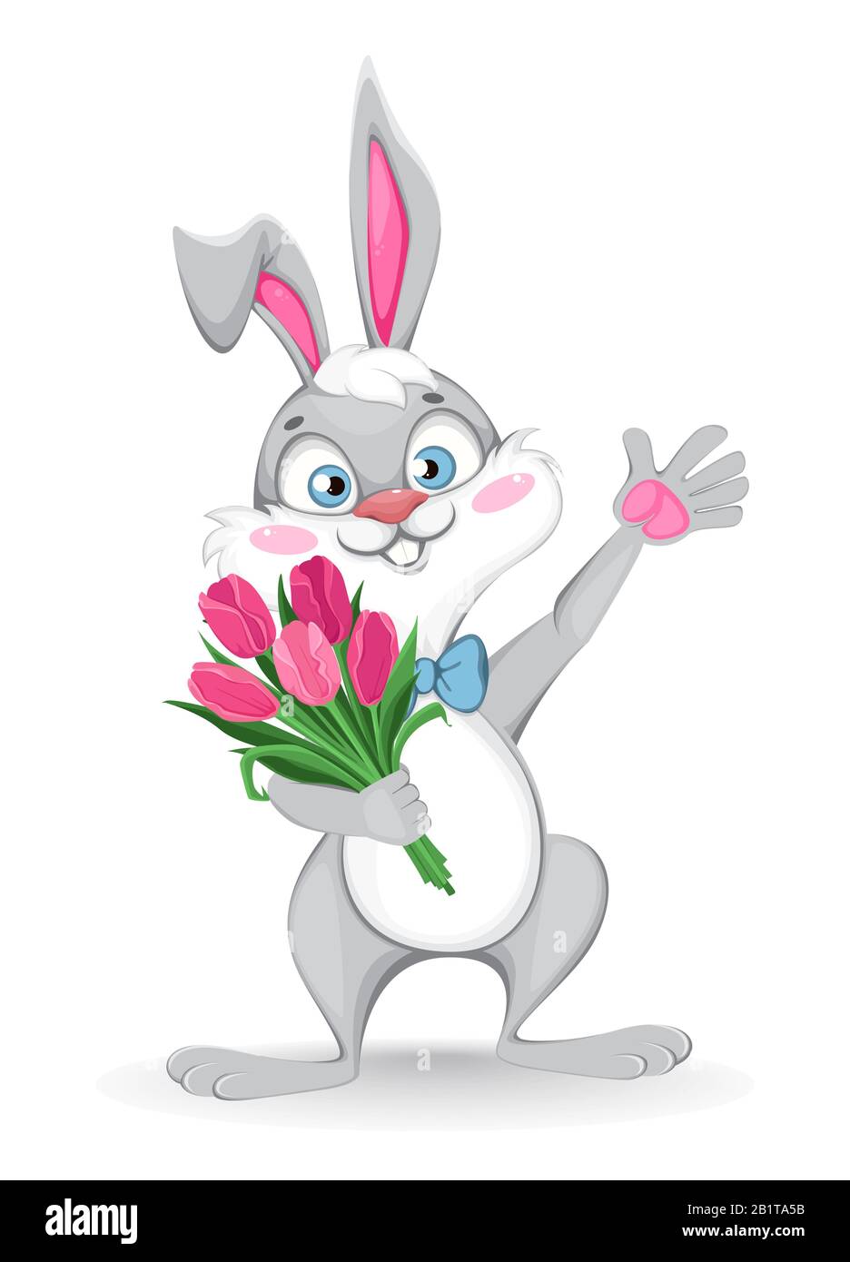 Frohe Ostern Grußkarte. Lustiger Zeichentrickkaninchen hält einen Blumenstrauß mit Tulpen. Vektor-Darstellung auf weißem Hintergrund Stock Vektor