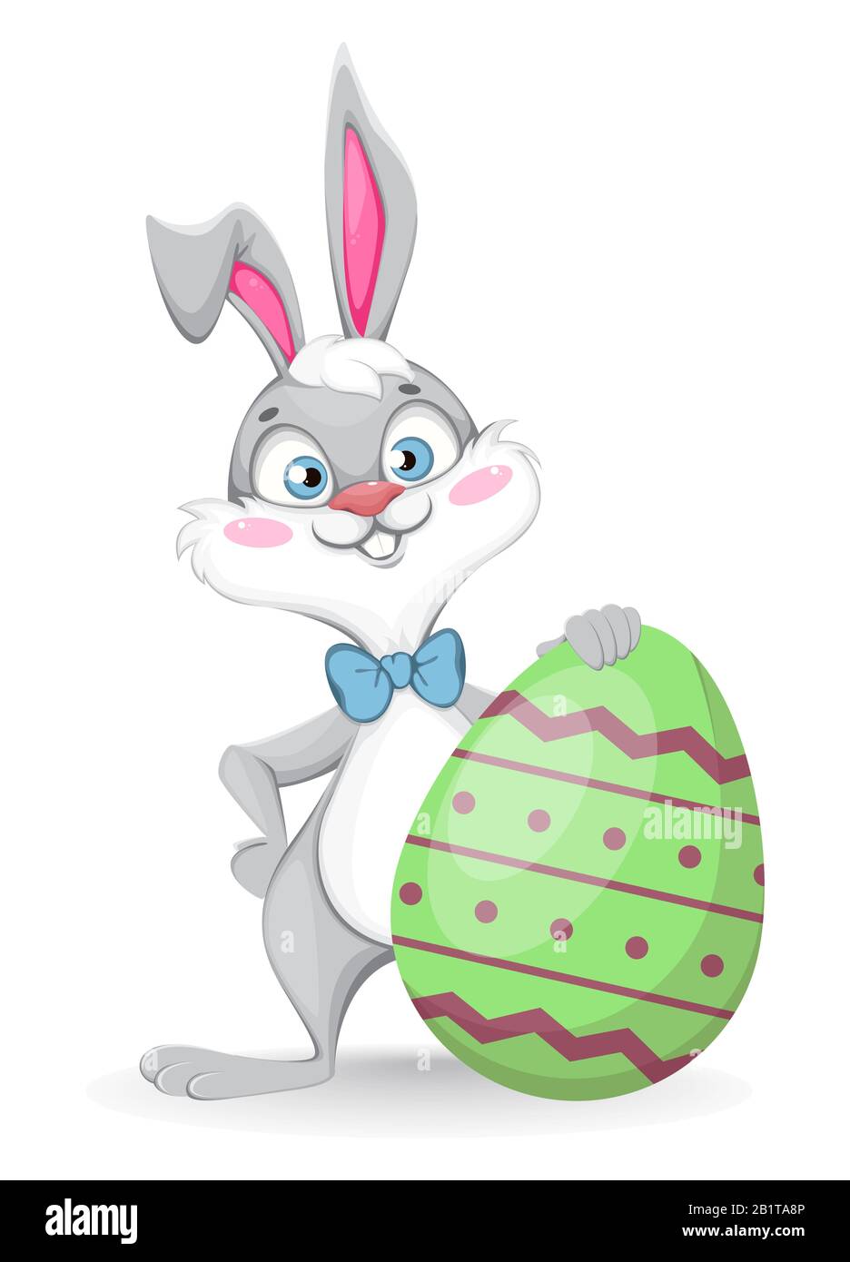 Frohe Ostern. Lustiger Zeichentrickkaninchen steht in der Nähe eines großen farbigen Eies. Vektor-Darstellung auf weißem Hintergrund Stock Vektor