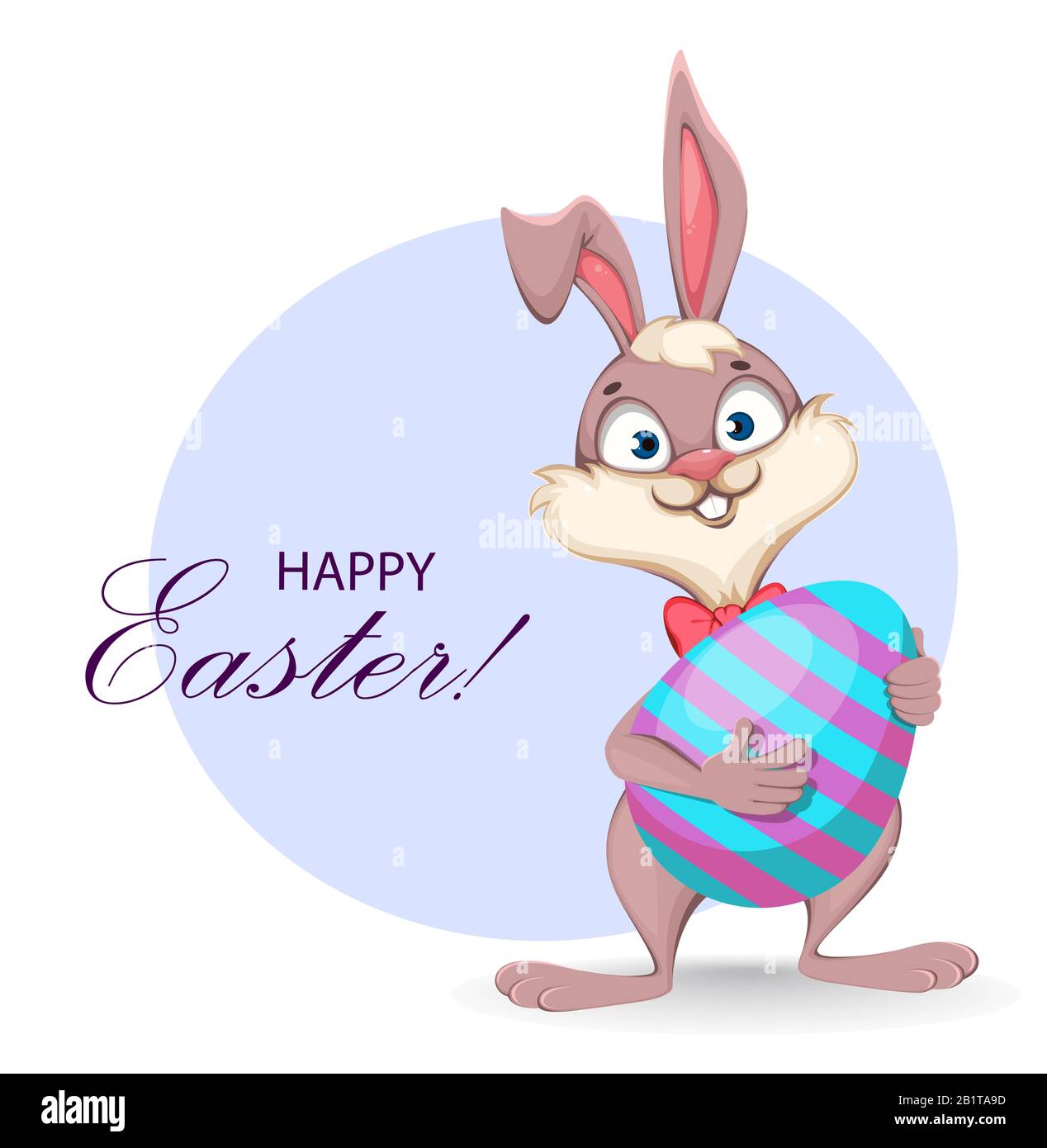 Frohe Ostern Grußkarte. Lustiger Zeichentrickkaninchen hält großes farbiges Ei. Vektor-Darstellung auf weißem Hintergrund Stock Vektor