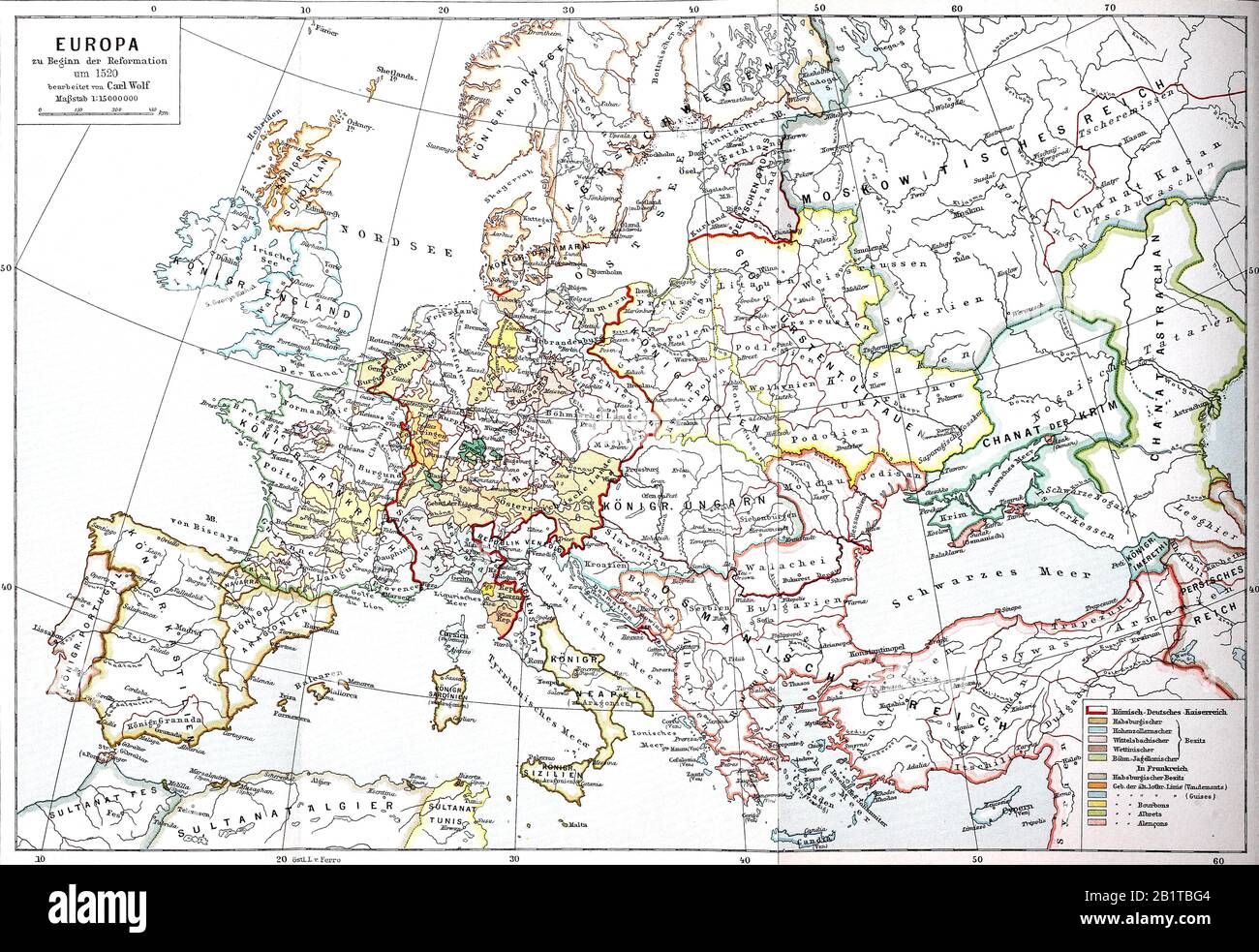 Karte von Europa zu Beginn der Reformation um 1520 / Landkarte von Europa zu Beginn der Reformation um 1520, historisch, digital verbesserte Wiedergabe eines Originals aus dem 19. Jahrhundert / Digitale Produktion einer Originalanlage aus dem 19. Jahrhunderts Stockfoto