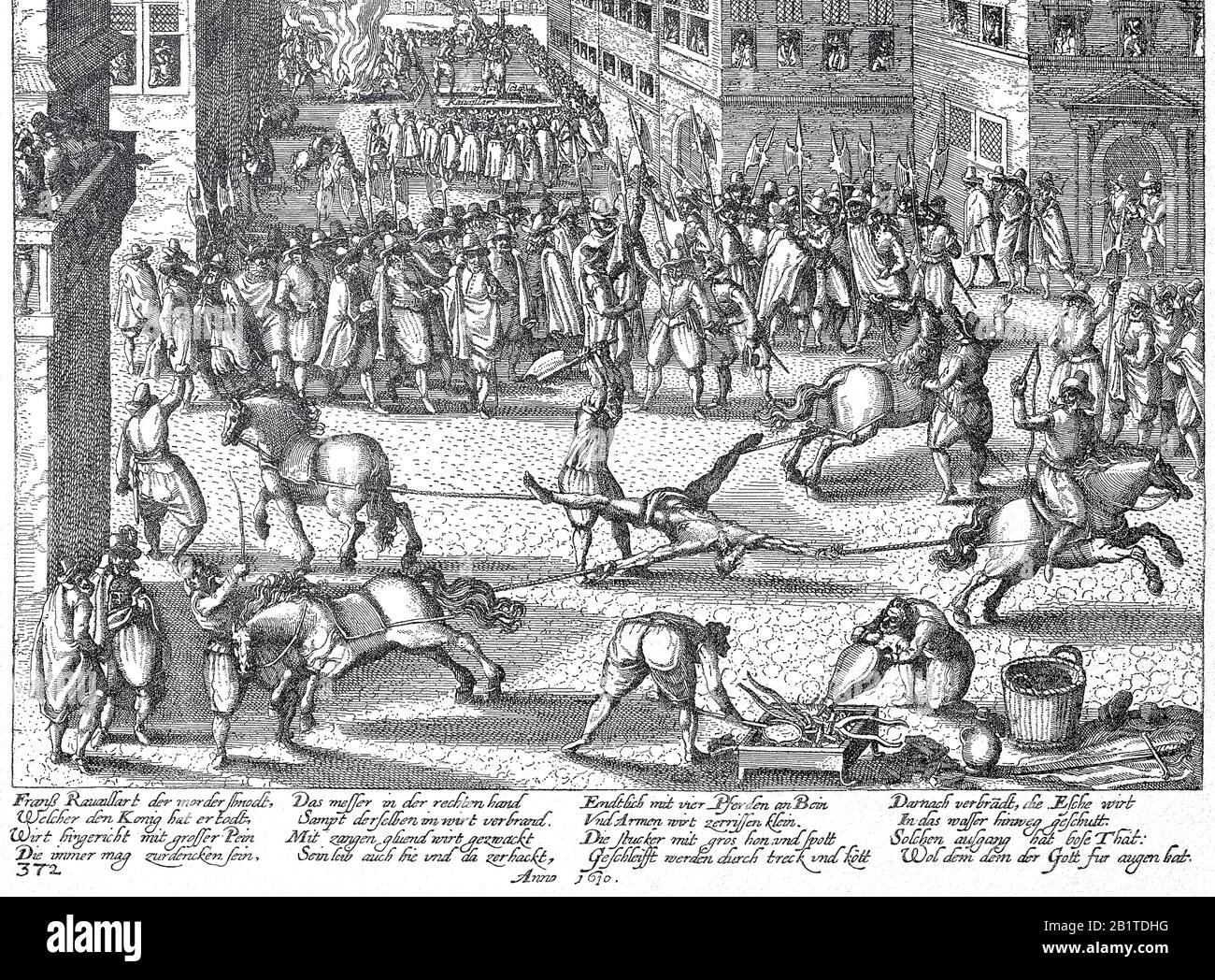 Francois Ravaillac, 1578 - 1610, war ein französischer katholischer Zealot, der 1610 König Heinrich IV. Von Frankreich ermordete und von vier Pferden auseinandergezogen wurde, eine Hinrichtungsmethode, die für Regenzide/die Hinweise durch Vierteilchen des Königsmörders Ravaillac, Francois Ravaillac, Krieg der Mörder König von Frankreich IV. Reserviert war. Historisch, digital verbesserte Wiedergabe eines Originals aus dem 19. Jahrhundert / Digitale Produktion einer Originalanlage aus dem 19. Jahrhunderts Stockfoto