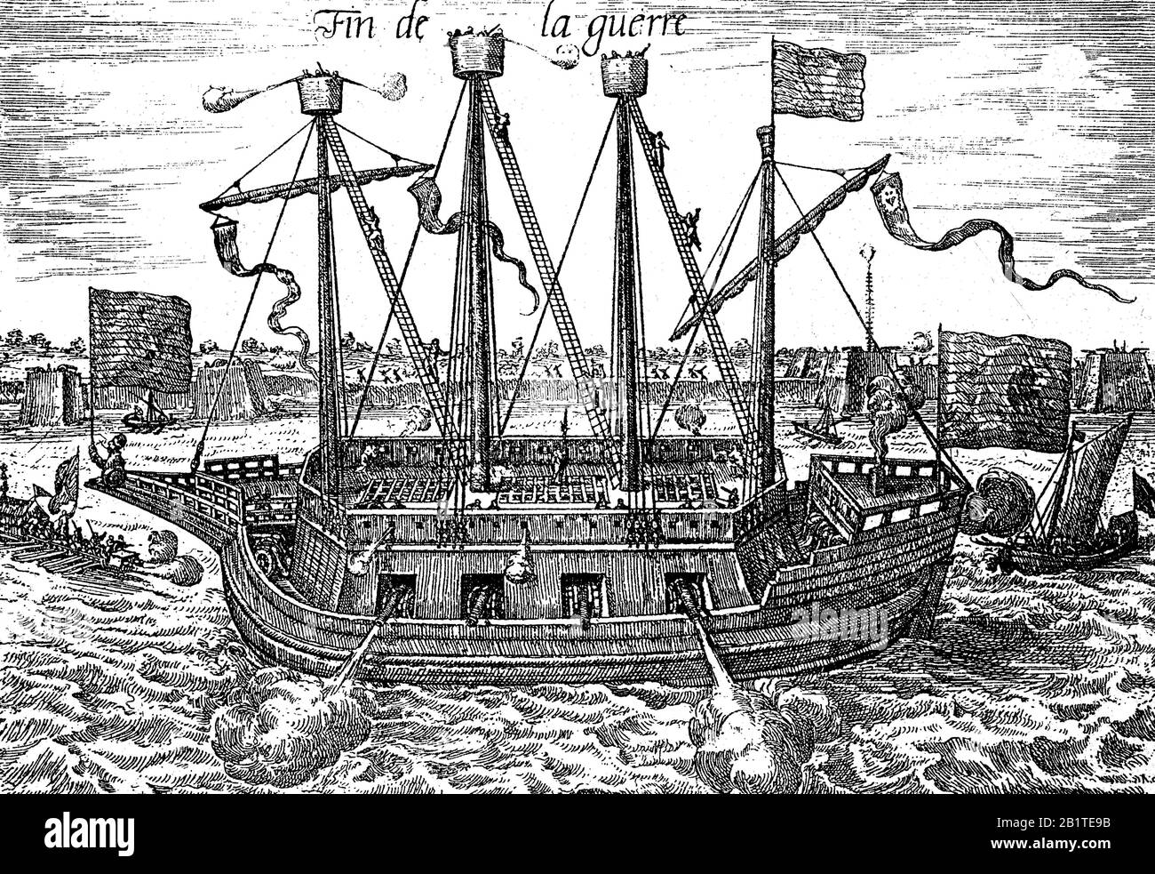 Das Rebellenschiff Fin de la Guerre bei der Belagerung von Antwerpen, Belgien, 1585, Achtzigjähriger Krieg / das Feuerschiff Fin de la Guerre bei der Belgragung von Antwerpen, Belgien, 1585, Achtzigjähriger Krieg, historisch, Digitale verbesserte Wiedergabe eines Originals aus dem 19. Jahrhundert / Digitale Produktion einer Originalanlage aus dem 19. Jahrhunderts Stockfoto