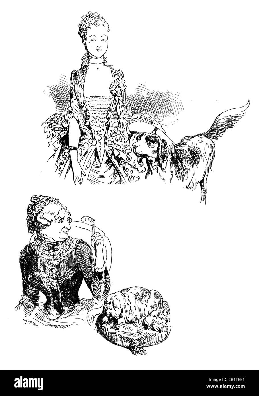 Französischer Humor und Karikatur: Junge und alte Damenporträts mit ihren dogmatischen Haustieren zu Hause, mit Haartracht, Schnickschnack und Schnürsenkel bekleidet Stockfoto