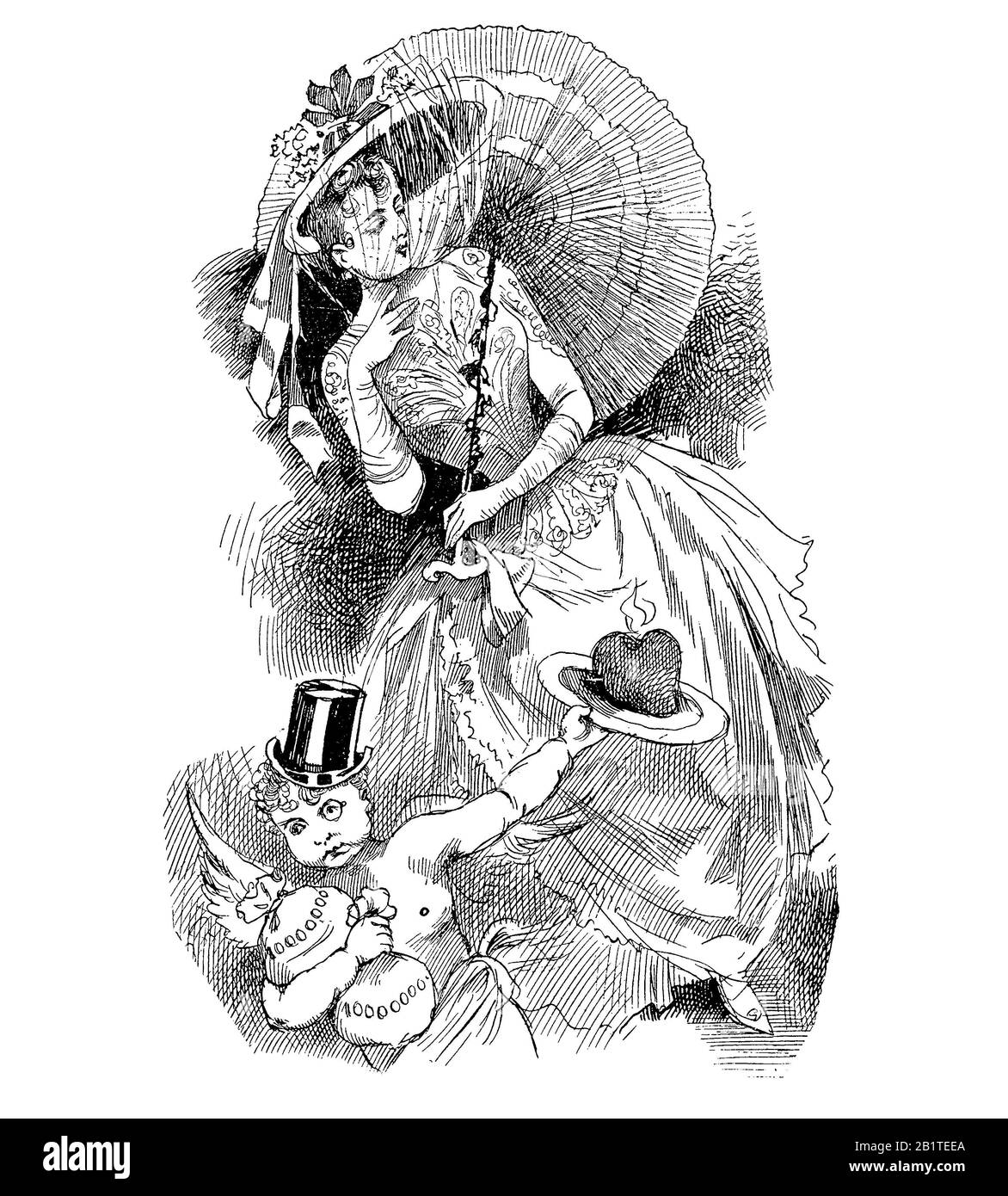 Cupid maskiert als wohlhabender Bau mit Hut, und Monokle bietet ein brennendes Herz für eine modische snooty junge Frau, die mit Sonnenschirm bekleidet ist Stockfoto