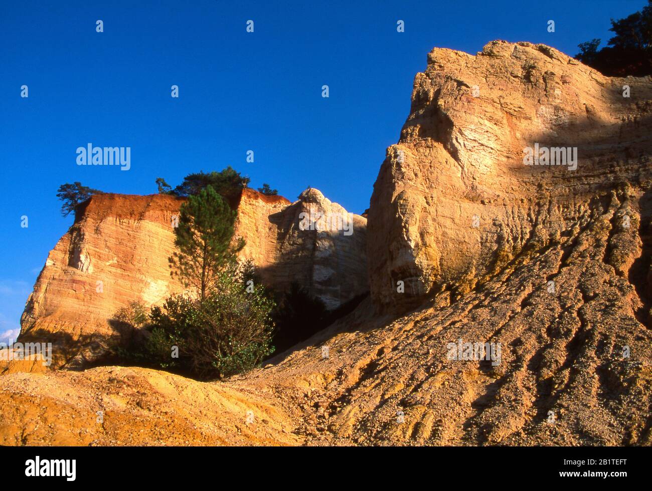 Ockerfarbene Klippen in Colorado Provencal, Rustrel, Vaucluse, Povence Alpes Cote d'Azur, Frankreich Stockfoto