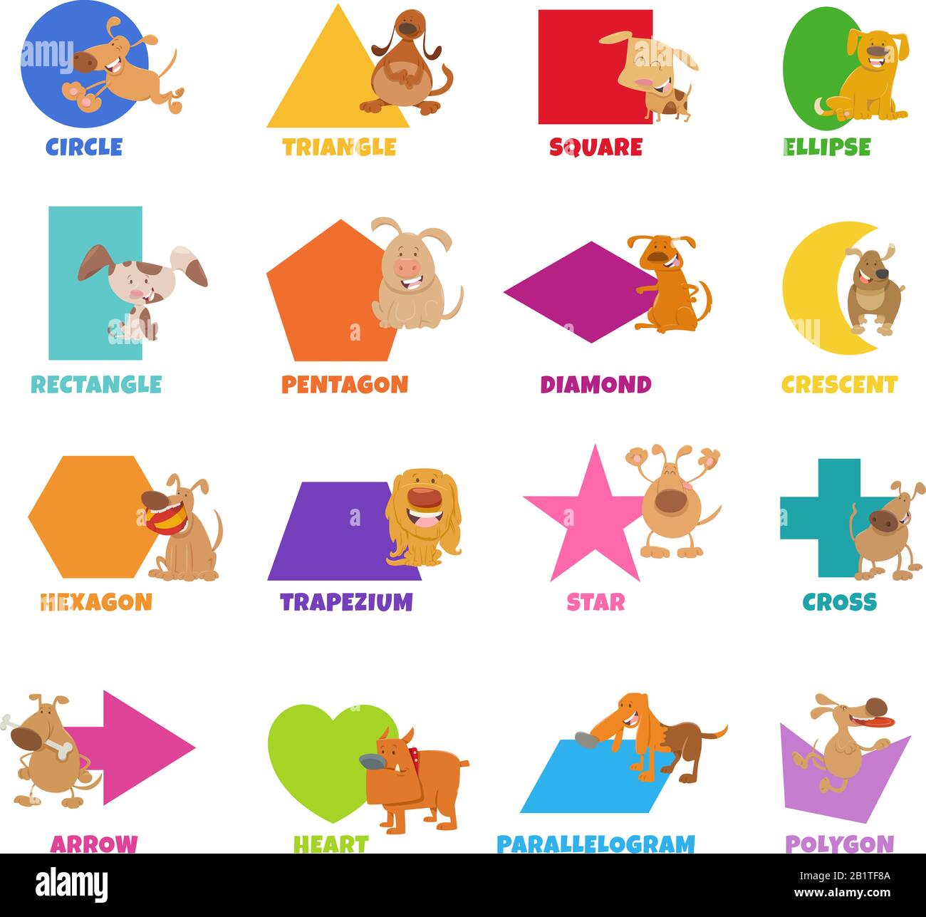 Educational Cartoon Illustration of Basic Geometric Shapes with Captions and Dogs and Welpies Animal Characters for Preschool and Elementary Age Child Stock Vektor