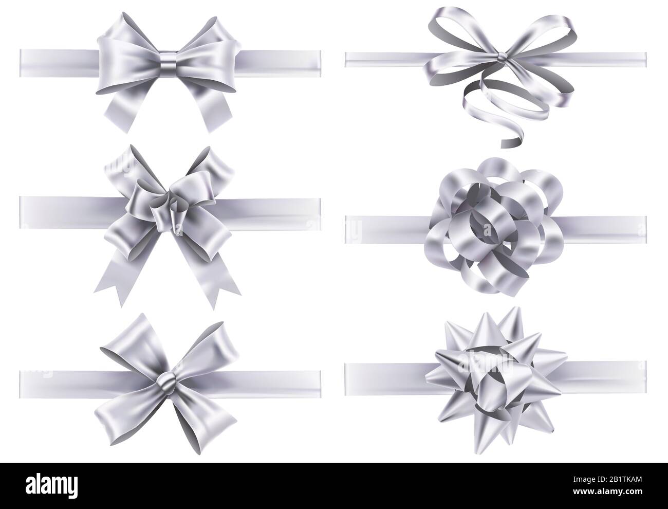 Realistische weiße Bänder mit Schleifen. Festliche Schleife in der Umhüllung, Weihnachtsgeschenk mit Farbband, realistische Vektorsammlung Stock Vektor