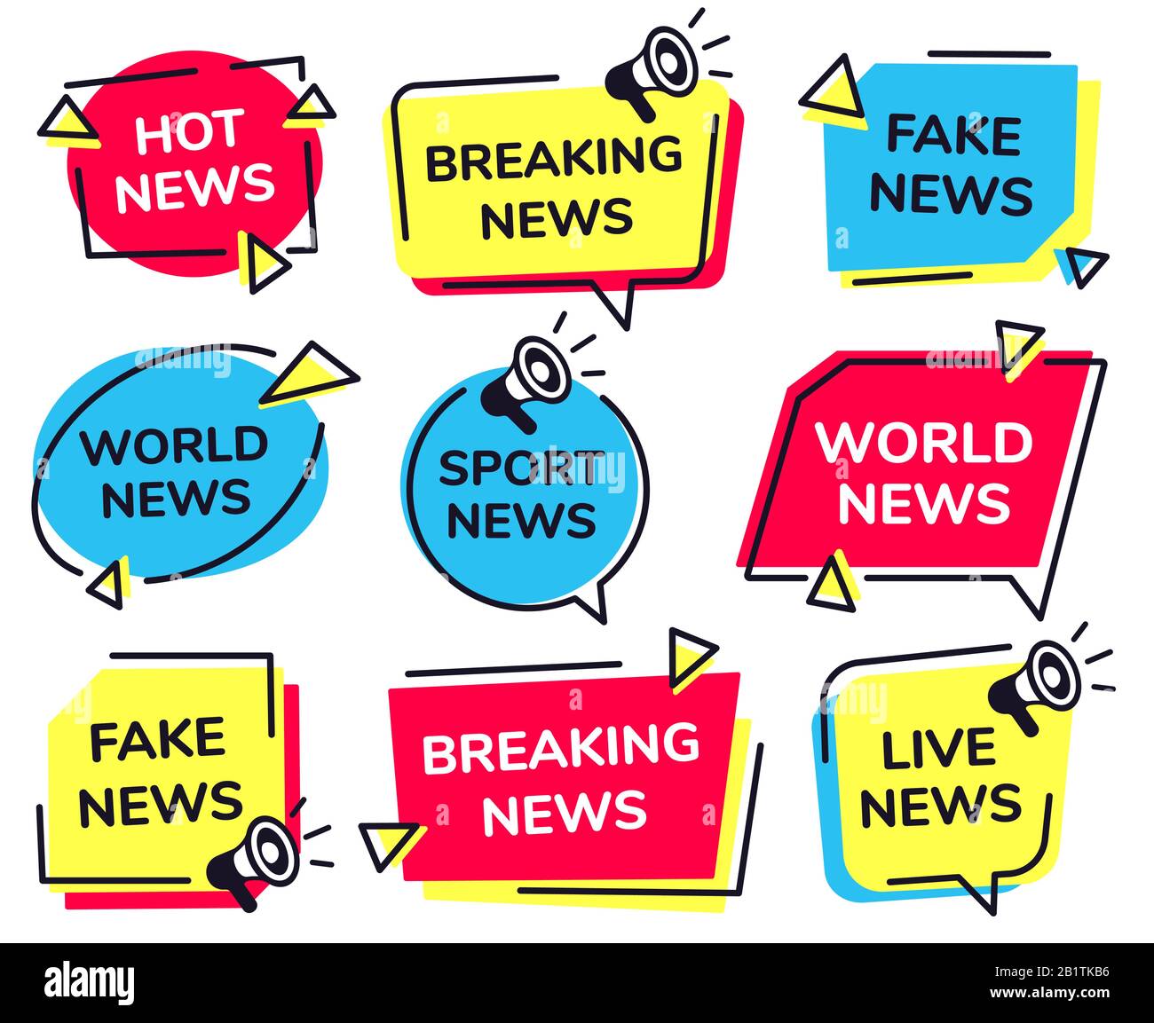 News-Label. Brechen, Live-Sport und Fake News Abzeichen Vektor-Set Stock Vektor