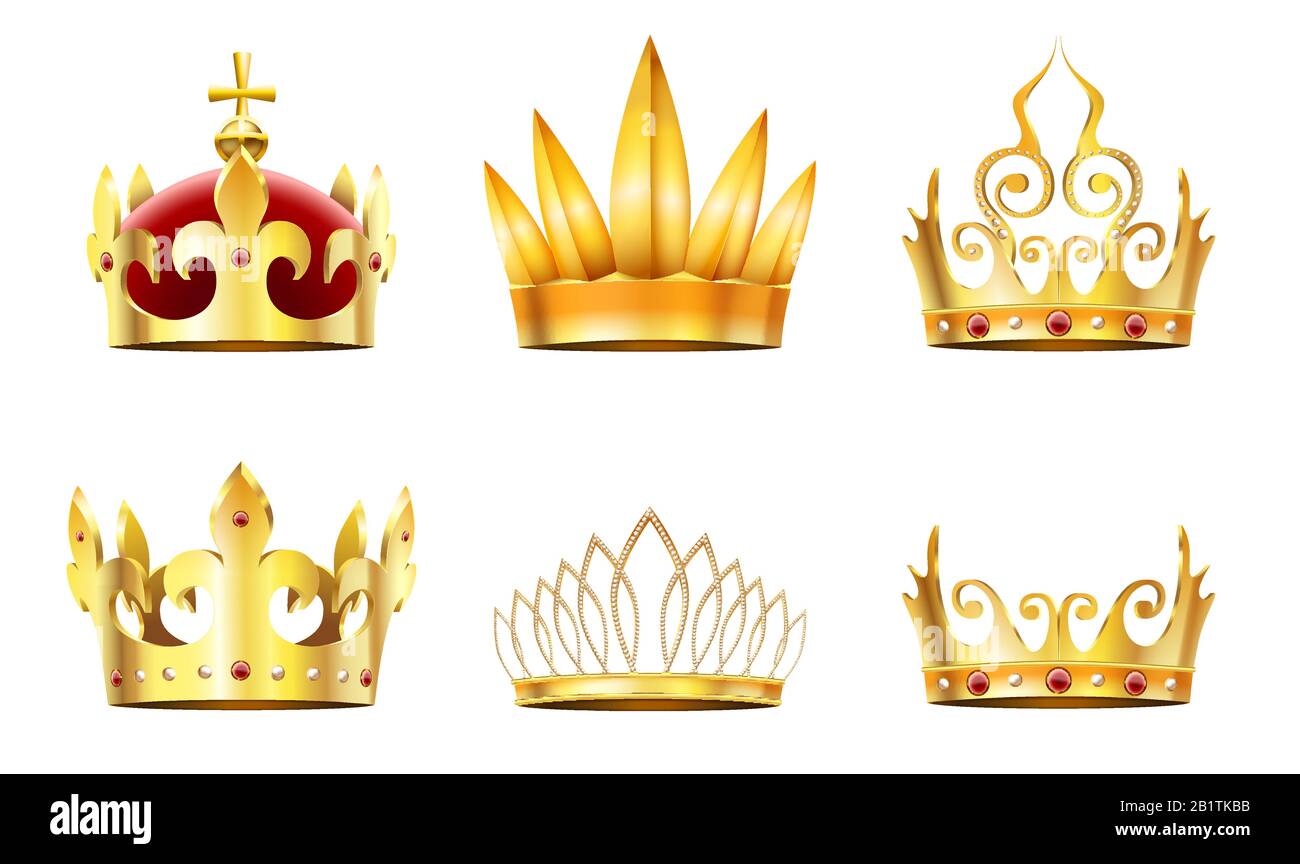 Realistische Krone und Tiara. Goldene Königskronen, Königinnen Gold diadem und Monarchen Kronenvektor Satz Stock Vektor