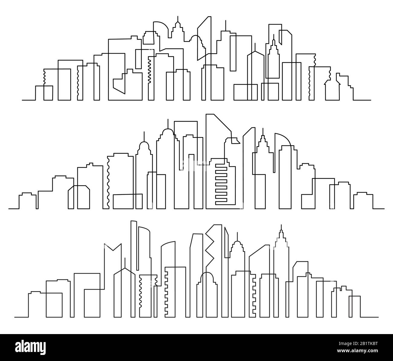 Linienkunst Stadtbild. Stadtbauten horizontales Panorama, Wolkenkratzer in der Stadt und moderner Stadtsilhouetten-Vektor Stock Vektor