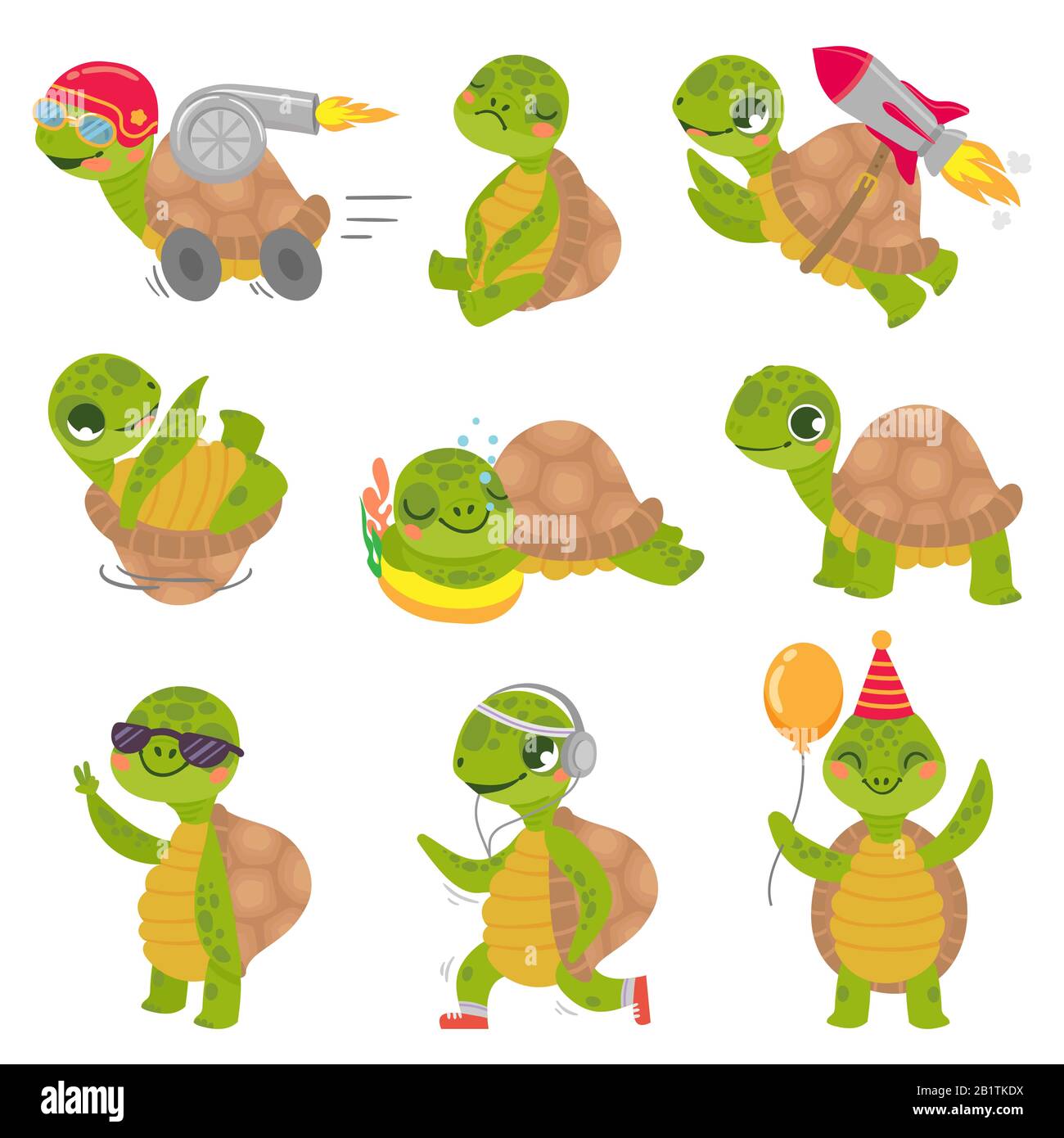 Schildkrötenkind. Süße kleine grüne Schildkröten Maskottchen, schnelle Raketenschildkröte und schlafende Schildkrötenvektor-Illustration Set Stock Vektor