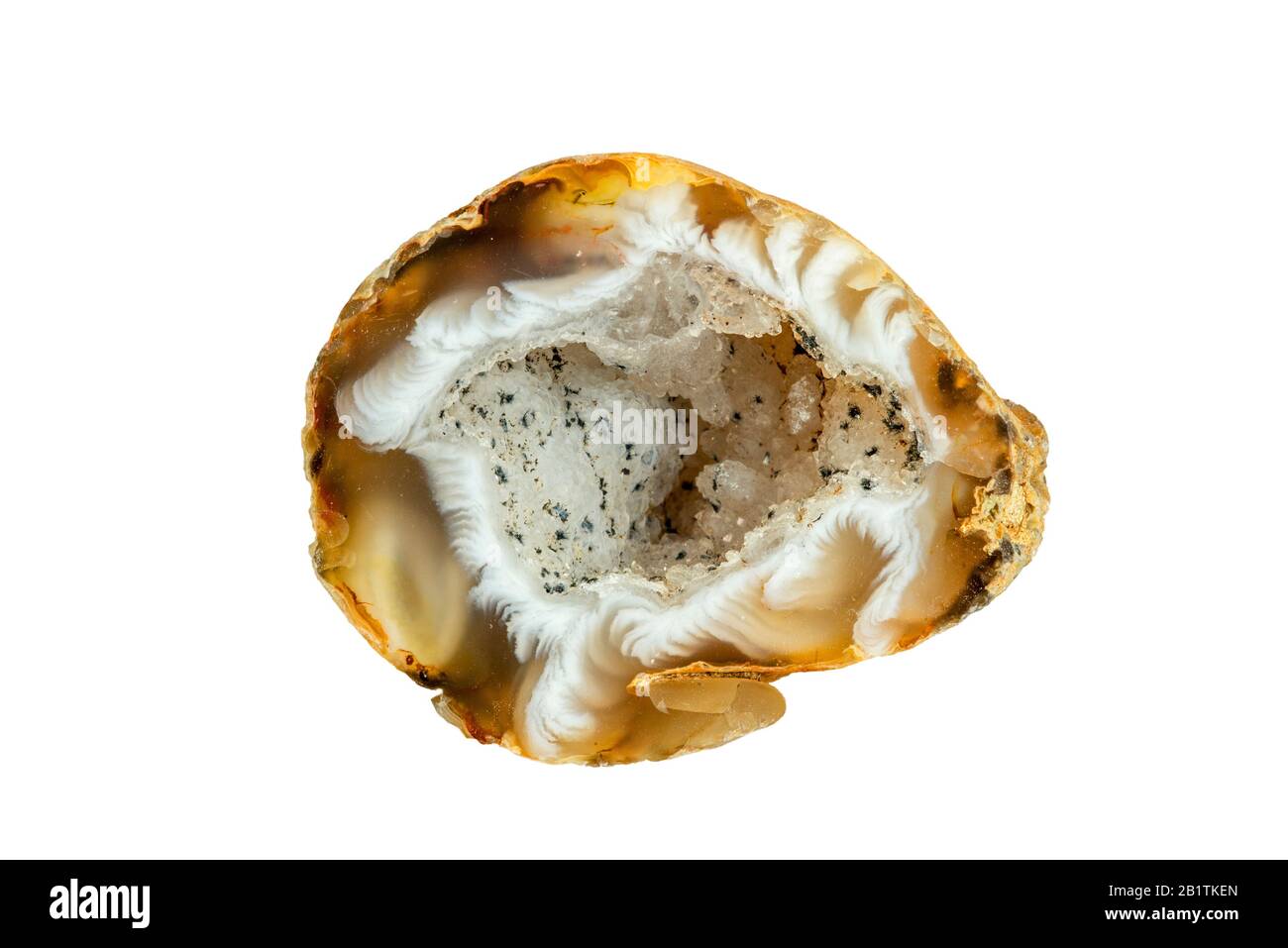 Geode, geologische Sekundärbildung innerhalb von sedimentären und vulkanischen Gesteinen. Geoden sind hohle, vage kreisförmige Gesteine, die Mineralien/Kristalle zeigen Stockfoto