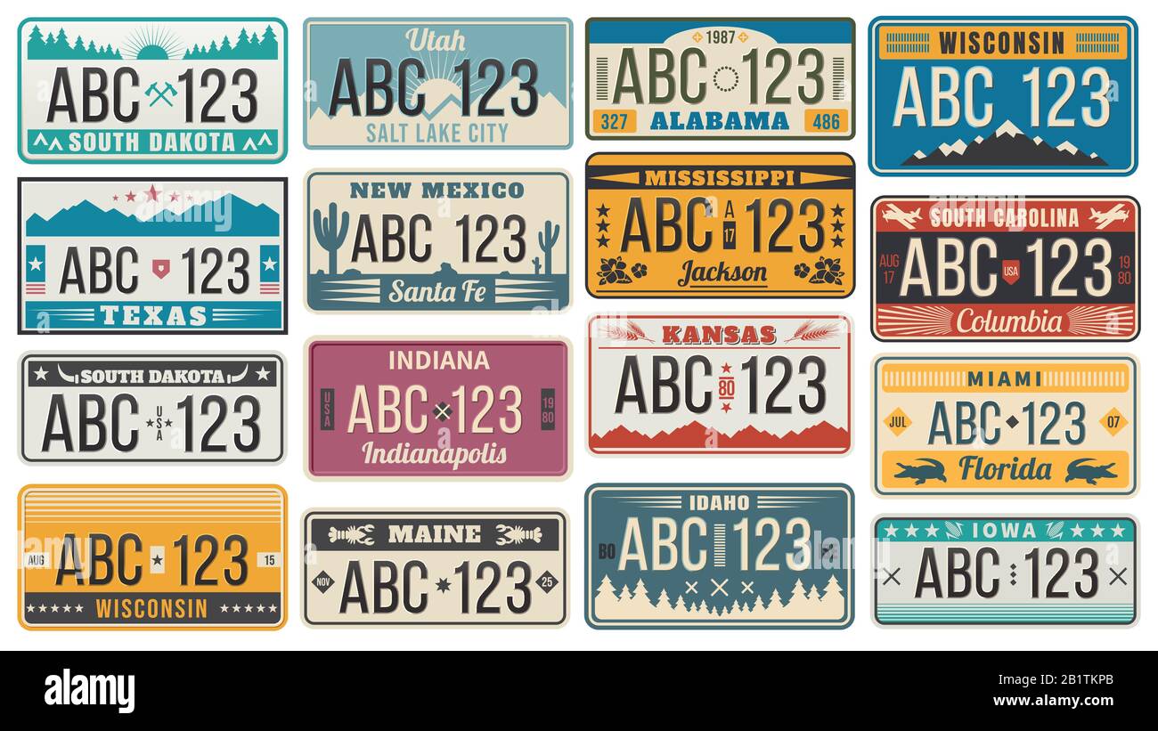 Kfz-Kennzeichen. Retro USA Autos Kennzeichen, Texas, Wisconsin und Kansas Kennzeichen Vektor Illustration Set Stock Vektor