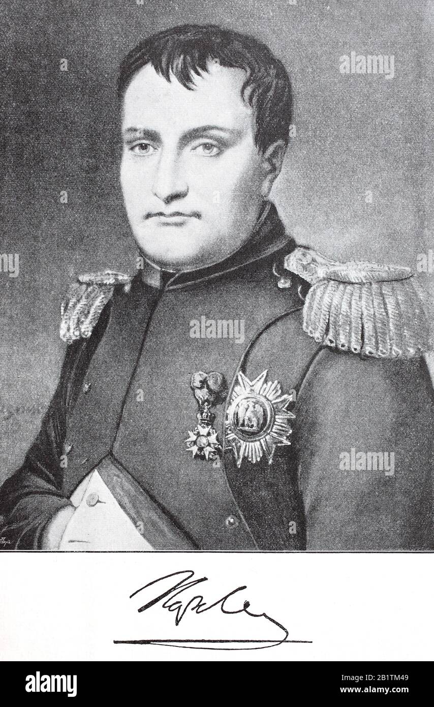 Napoleon Bonaparte, 15. August 1760-5. Mai, war ein französischer Staatsmann und Militärführer, der während der französischen Revolution in den Vordergrund trat und mehrere erfolgreiche Feldzüge während der französischen Revolutionskriege führte. Er war Kaiser der Franzosen als Napoleon I./Napoleon Bonaparte, als Kaiser Napoleon I., fränkisch Napoleon Bonaparte, Krieg ein fränkischer General, Revolutionär Diktator und Kaiser der Franzosen, historisch, digital verbesserte Reproduktion eines Originals aus dem 19. Jahrhundert / Digitale Reproduktion einer Originalvorlage aus dem 19. Jahrhunderts Stockfoto