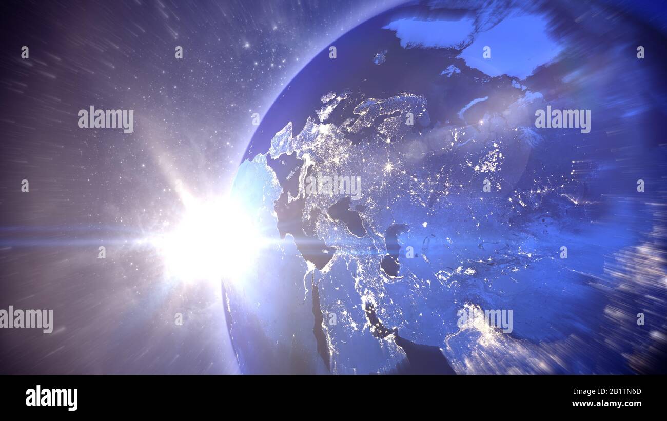 Aufregende 3D-Darstellung der Erde mit allen Meeren und Kontinenten, die sich im Universum drehen, mit der glänzenden Sonne am Horizont und spottigen Sternen. Das e Stockfoto