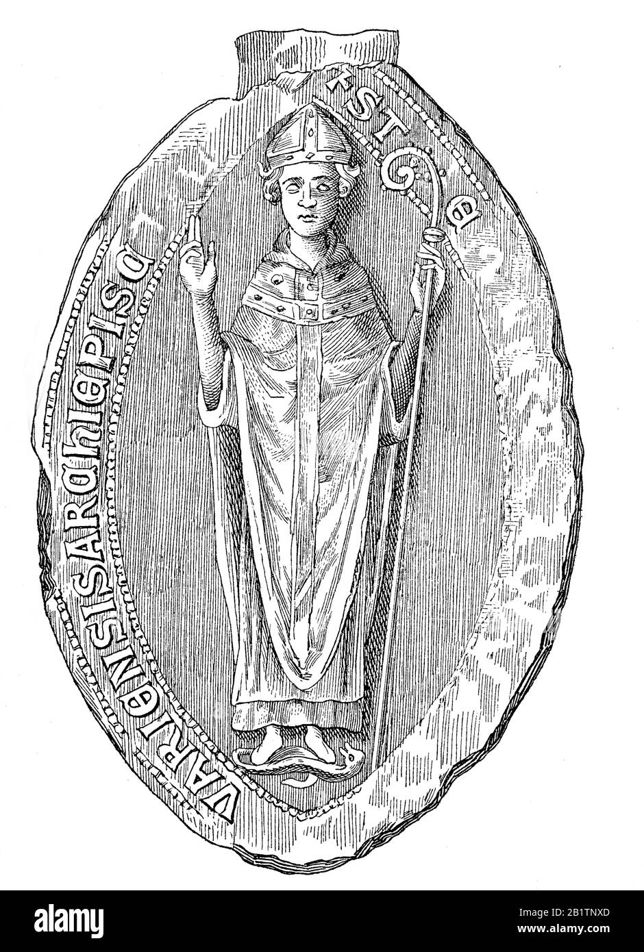 Das Siegel von Stephan Langtons, Erzbischof von Canterbury, Stephen Langton, 1150 - 9. Juli 1228, war ein englischer Kardinal der Römisch-katholischen Kirche und Erzbischof von Canterbury zwischen 1207 und seinem Tod 1228 / das Siegel von Stephan Langtons, Erzbischof von Canterbury, Stephen Langton, auch Stephan Langton, Ein englischer Theologe, Doktor nominatissimus, Kardinal und von 1207 bis 1228 Erzbischof von Canterbury, historisch, digital verbesserte Wiedergabe eines Originals aus dem 19. Jahrhundert / Digitale Reproduktion einer Originalanlage aus dem 19. Jahrhunderts Stockfoto