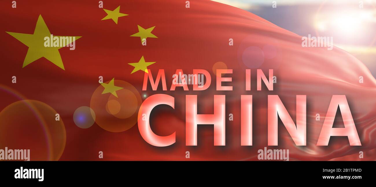 In China gefertigter Text auf der chinesischen Nationalflaggen schwenkt Texturhintergrund. Chinesisches Produktkonzept. 3D-Abbildung Stockfoto