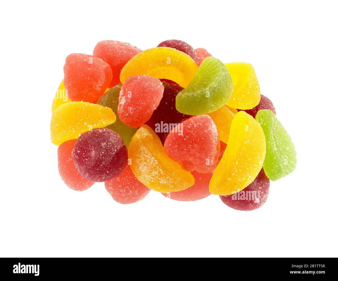 Fruchtgelees. Gelee Süßigkeiten isoliert auf weißem Hintergrund. Verschiedene Marmelade bunte Fruchtgelee Zuckerwürfel. Stockfoto