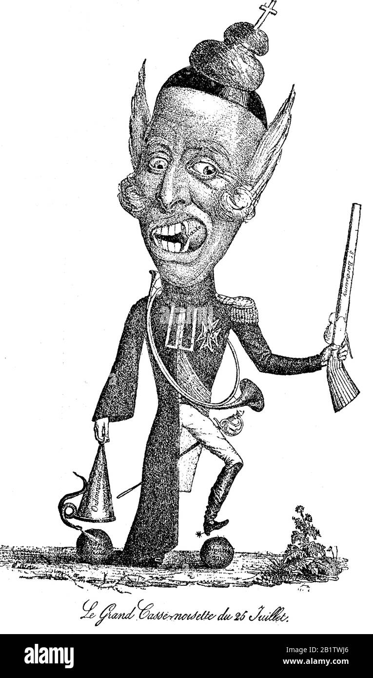 Spottendes Bild von Karl X., wegen Orderdekret, Merkblatt von 1830 - der große Nussknacker vom 25. Juli / Spottbild auf Karl X., wegen des Erlasses der Ordonanzen, Flugblatt von 1830 - der große Nußknacker vom 25. Juli, historisch, digital verbesserte Wiedergabe eines Originals aus dem 19. Jahrhundert / Digitale Produktion einer Originalanlage aus dem 19. Jahrhunderts Stockfoto