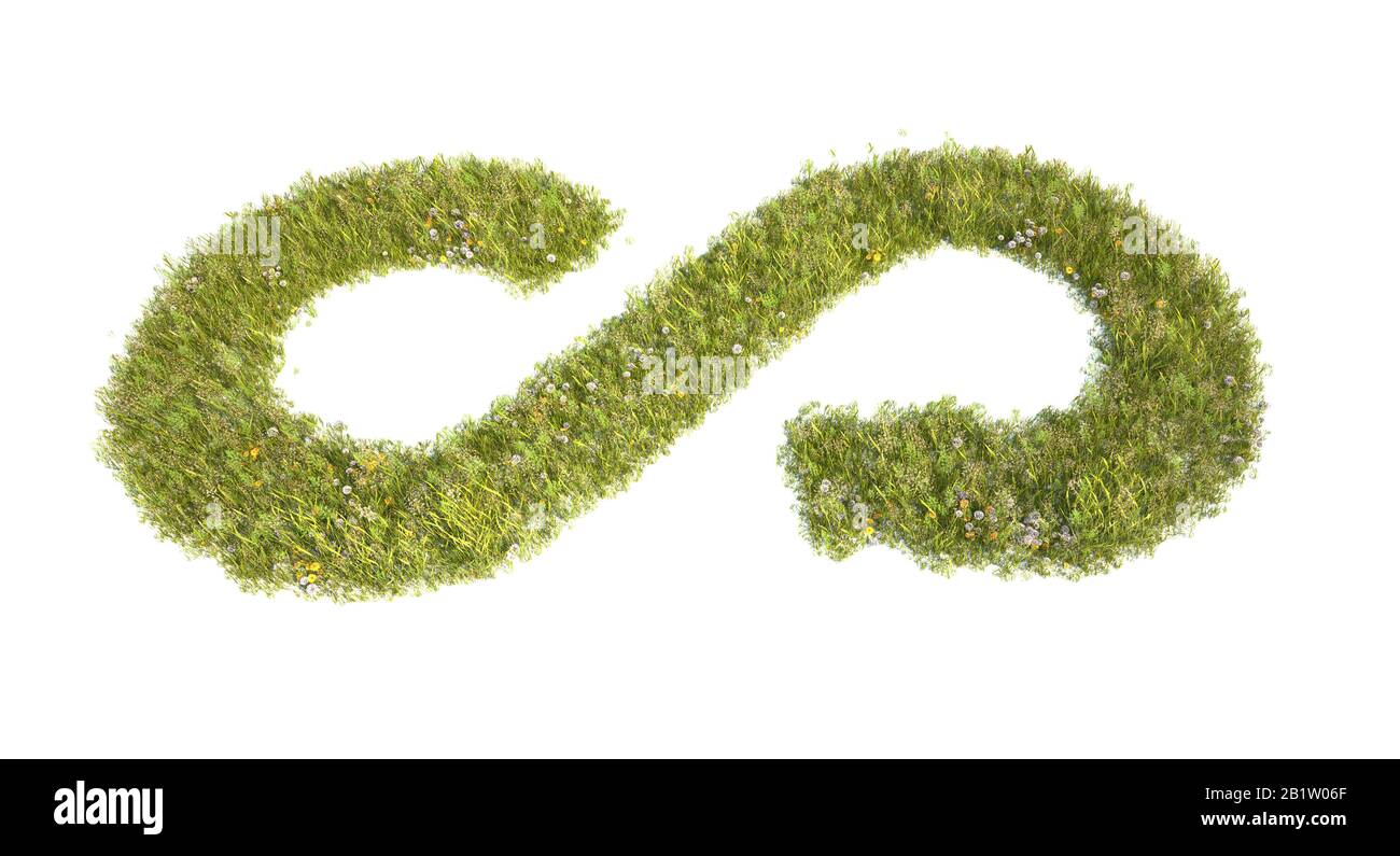 Unendlichkeits- und Recycling-Symbol Gras-Feld - 3D-Abbildung Stockfoto