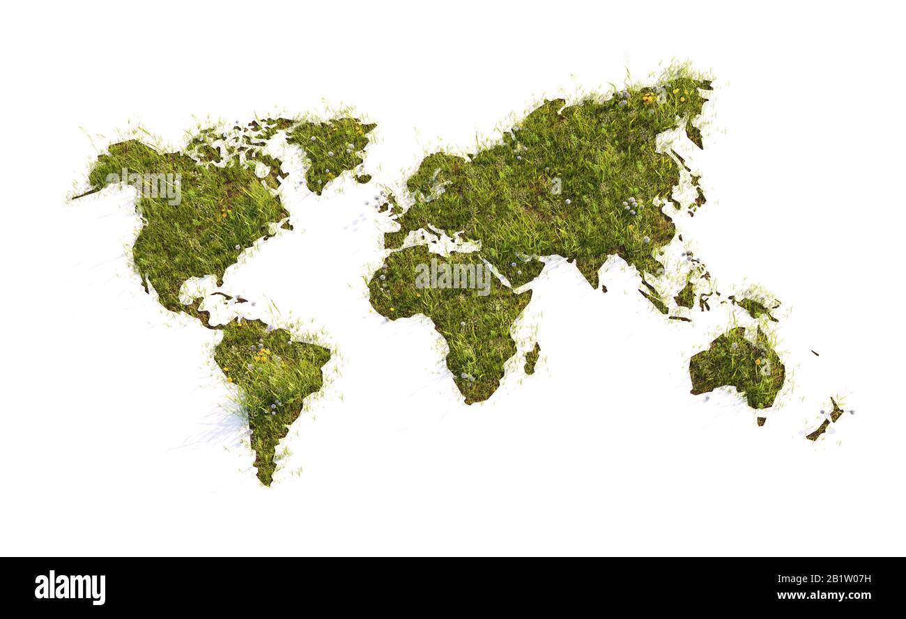 World Map Shaped Patch of Grass - 3D-Abbildung Stockfoto