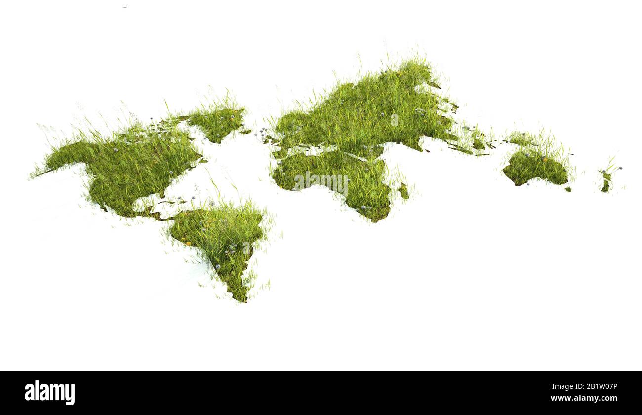 World Map Shaped Patch of Grass - 3D-Abbildung Stockfoto