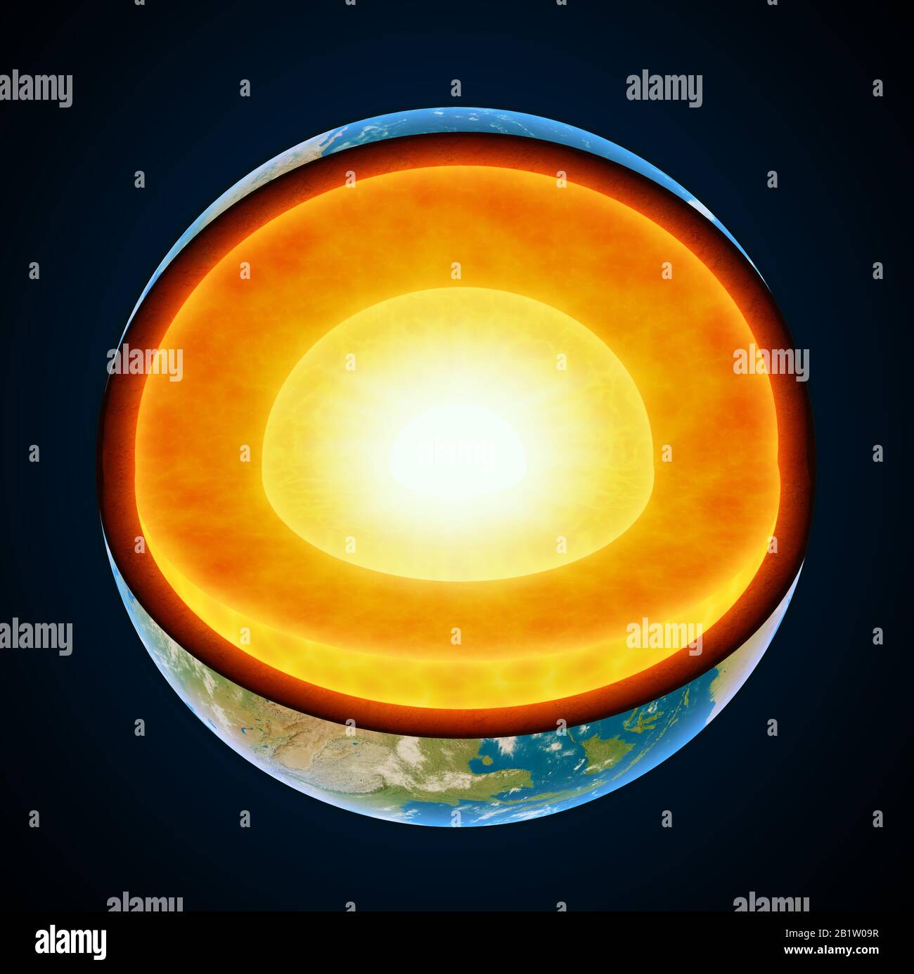 Erde abgeschnitten mit geologischer Zusammensetzung des Planeten - 3D-Abbildung Stockfoto