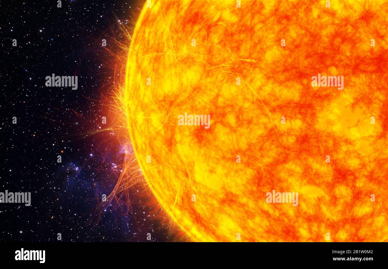 Sonne mit Sonnenbrände - wissenschaftliche 3D-Illustration Stockfoto