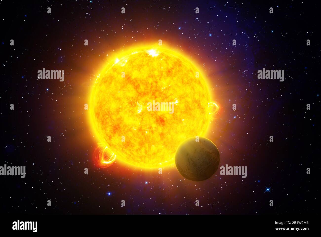 Planet, der vor einem Stern vorbeigeht - wissenschaftliche 3D-Illustration Stockfoto