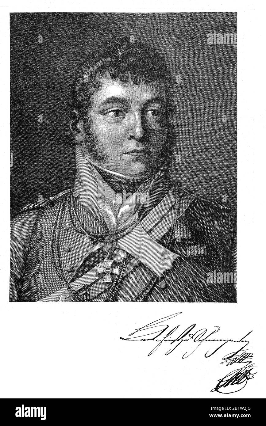 Karl Philipp, Fürst zu Schwarzenberg, oder Karl Philipp, Fürst zu Schwarzenberg, 18./19. April 171 - 15. Oktober 1820, war ein österreichischer Feldmarschall/Karl Philipp Fürst zu Schwarzenberg auch Carl Philipp zu Schwarzenberg, war ein österreichischer Feldmarschall-Botschafter in Sankt Petersburg und Paris, historisch, Digitale verbesserte Wiedergabe eines Originals aus dem 19. Jahrhundert / Digitale Produktion einer Originalanlage aus dem 19. Jahrhunderts Stockfoto