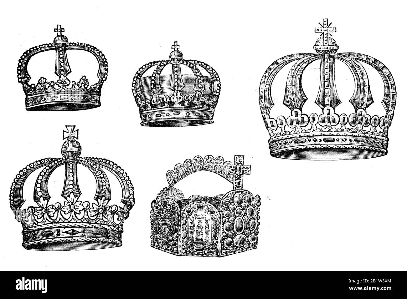 Fürstenkrone aus großherzigen Häusern, Krone der Landesfürsten, Krone des Königs von Preßburg, Königskrone aus Italien, Krone des Römisch-Deutschen Kaiser / Krone der Fürsten aus großherzoglischen Häusern, Krone der Kronprinzen, Krone des Königs von Preßen, offene Königskrone aus Italien, Krone des römisch-deutschen Kaisers, historisch, digital verbesserte Wiedergabe eines Originals aus dem 19. Jahrhundert / Digitale Produktion einer Originalanlage aus dem 19. Jahrhunderts Stockfoto