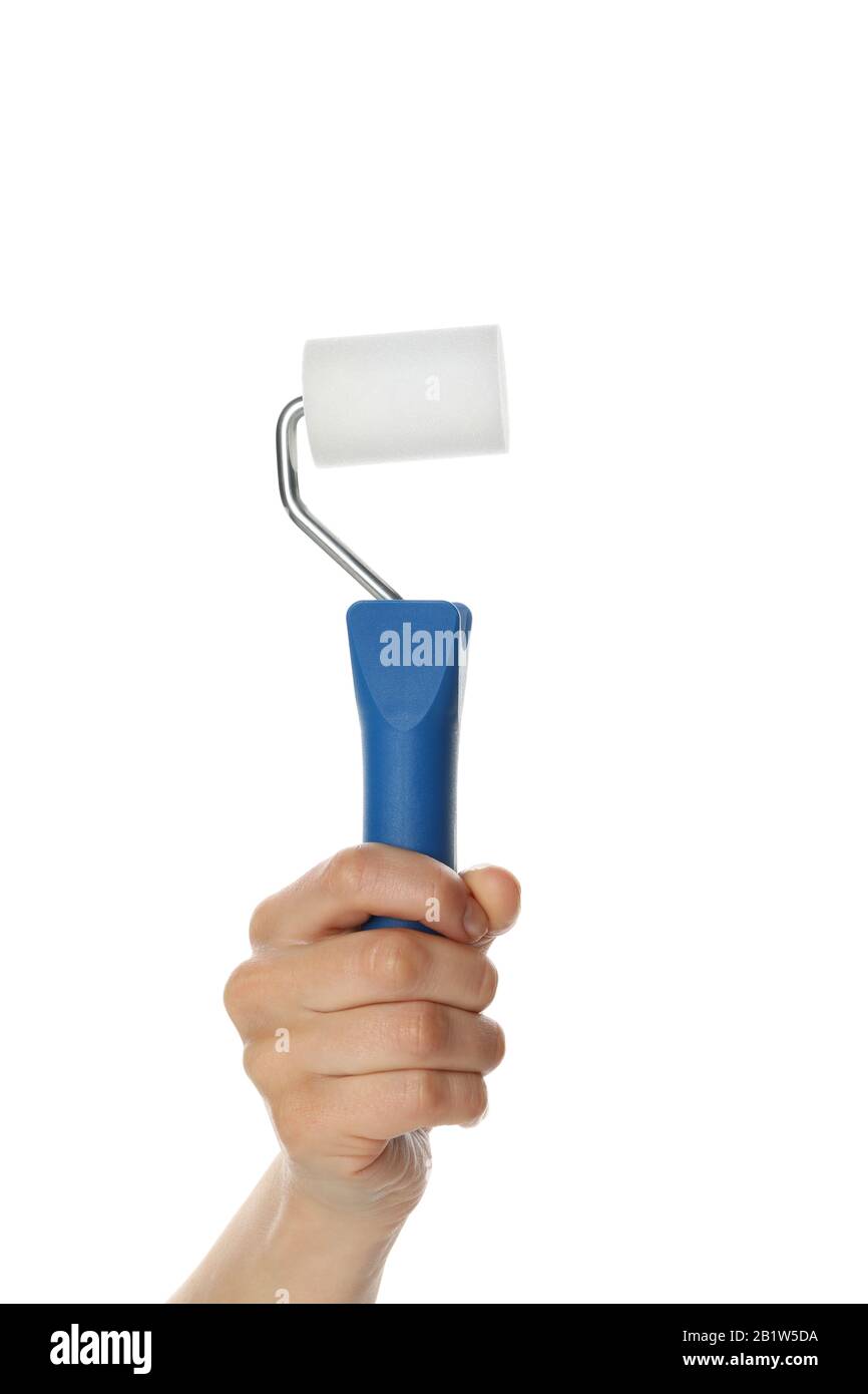 Weibliche Handhaltewalze, isoliert auf weißem Hintergrund Stockfoto