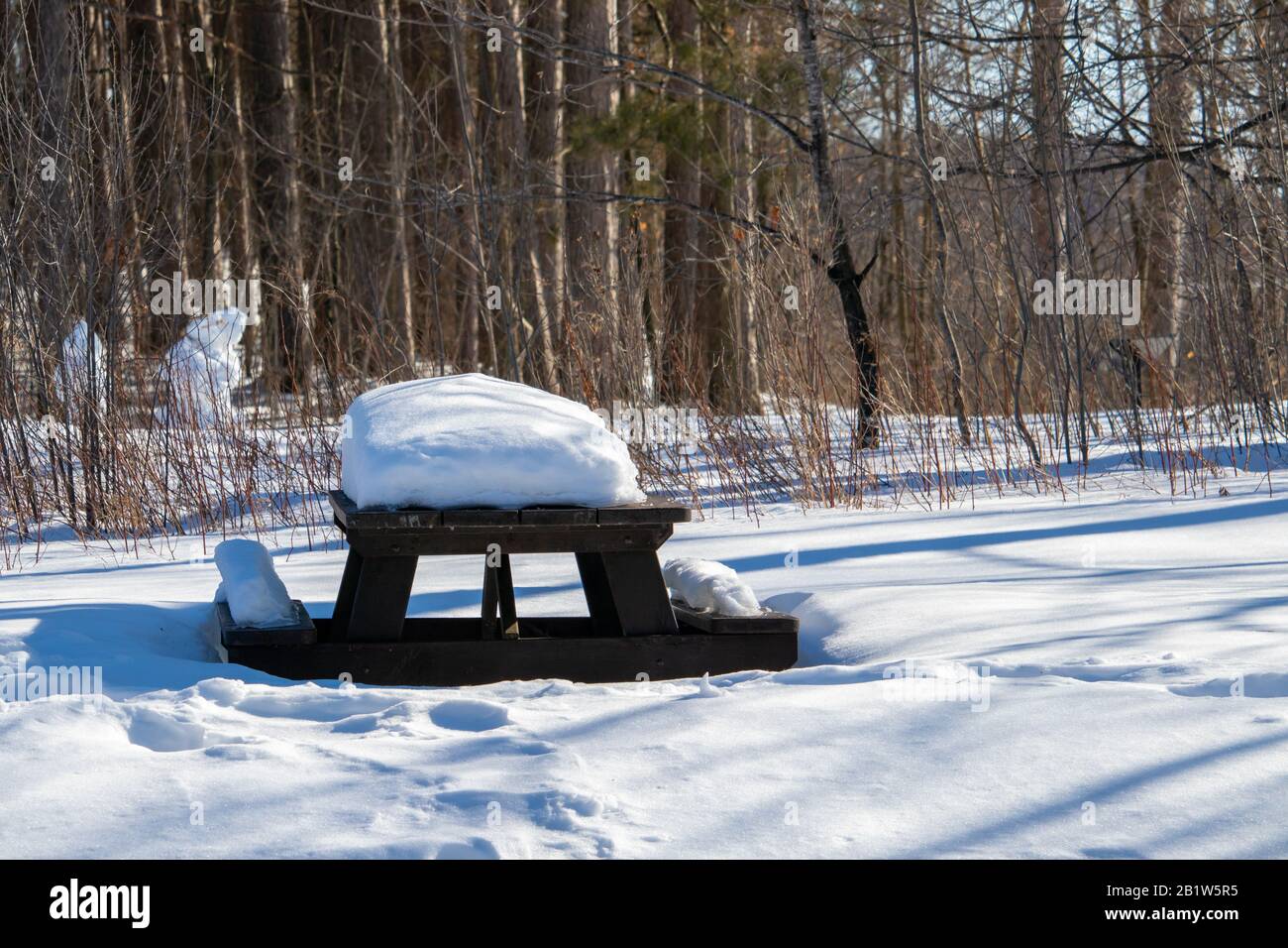 Ein Picknicktisch aus Holz ist im Winter schneebedeckt. Nach einem Schneefall wurde das Gebiet nicht geräumt, auf dem Tisch bleibt eine dicke Schneeschicht Stockfoto