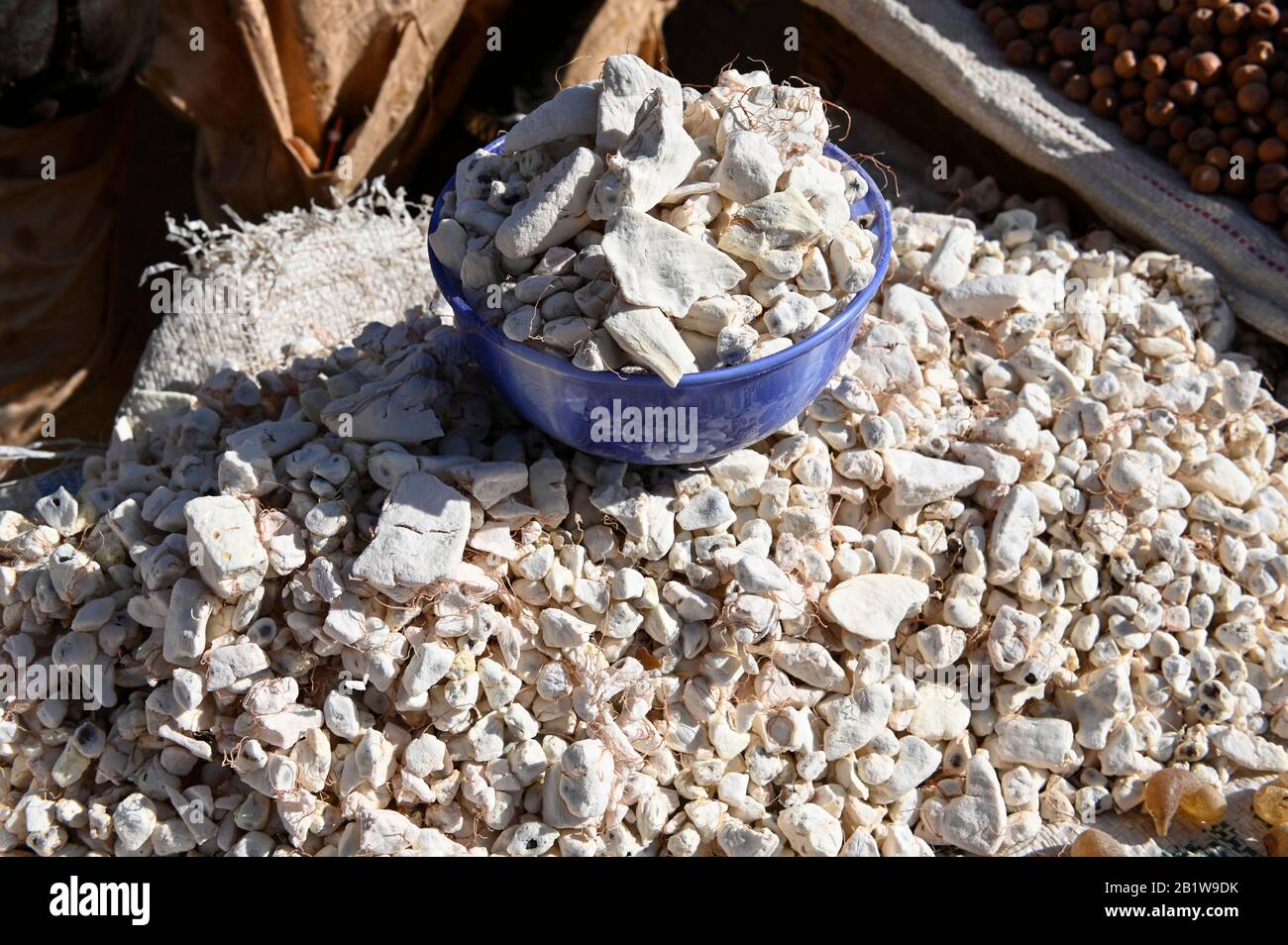 Niger, Niamey, Markt, Verkauf von Stücken aus der Baobab-Baumfrucht / Einkauf von Baobab-Obst Stockfoto