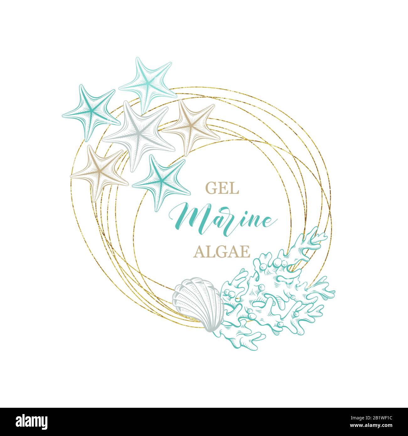 Marine und Algen Algen Algen Kosmetik Paket Vector Premium handgezeichnetes Design. Goldener Kranzrahmen mit Sketchkorallen, Seashell und Seestern für Wasserkollagencreme, Hautpflegele oder Feuchtigkeitscreme Stock Vektor