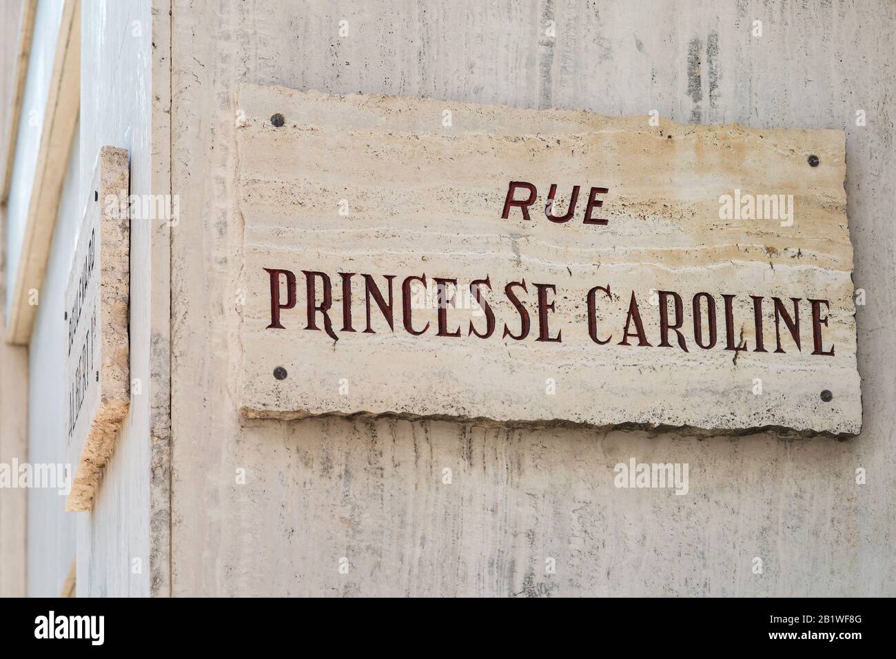 Fürstbistum Monaco - 31.08.2018: Straßenschild mit Namen Caroline, Prinzessin von Hannover Stockfoto