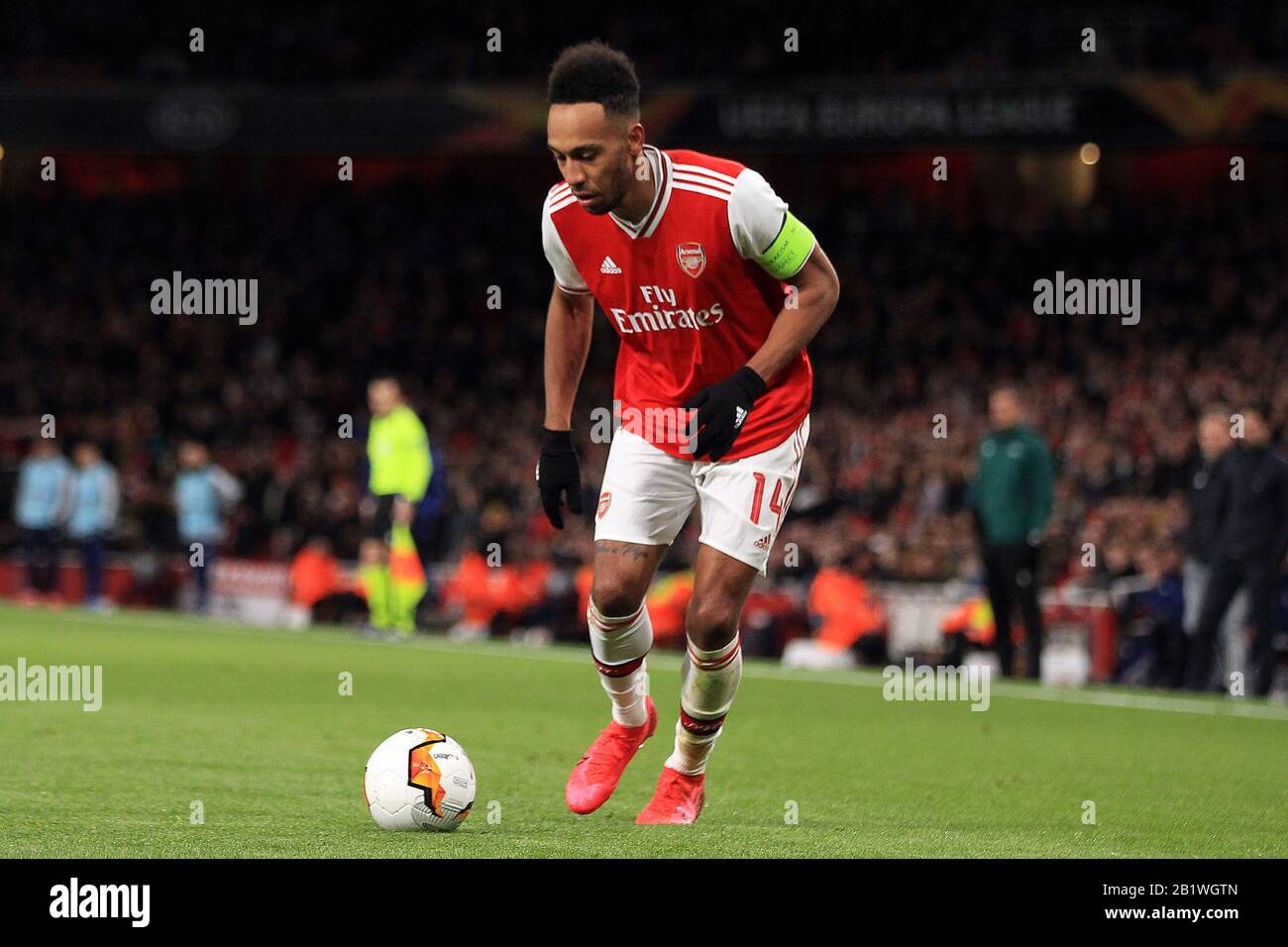 London, Großbritannien. Februar 2020. Pierre-Imarick Aubameyang von Arsenal in Aktion. UEFA Europa League, Runde 32, Spiel der 2. Etappe, Arsenal gegen Olympiacos im Emirates Stadium in London am Donnerstag, 27. Februar 2020. Dieses Bild darf nur für redaktionelle Zwecke verwendet werden. Nur redaktionelle Nutzung, Lizenz für kommerzielle Nutzung erforderlich. Keine Verwendung bei Wetten, Spielen oder Einzelpublikationen für Vereine/Liga/Spieler. Pic von Steffan Bowen/Andrew Orchard Sportfotografie/Alamy Live News Credit: Andrew Orchard Sportfotografie/Alamy Live News Stockfoto