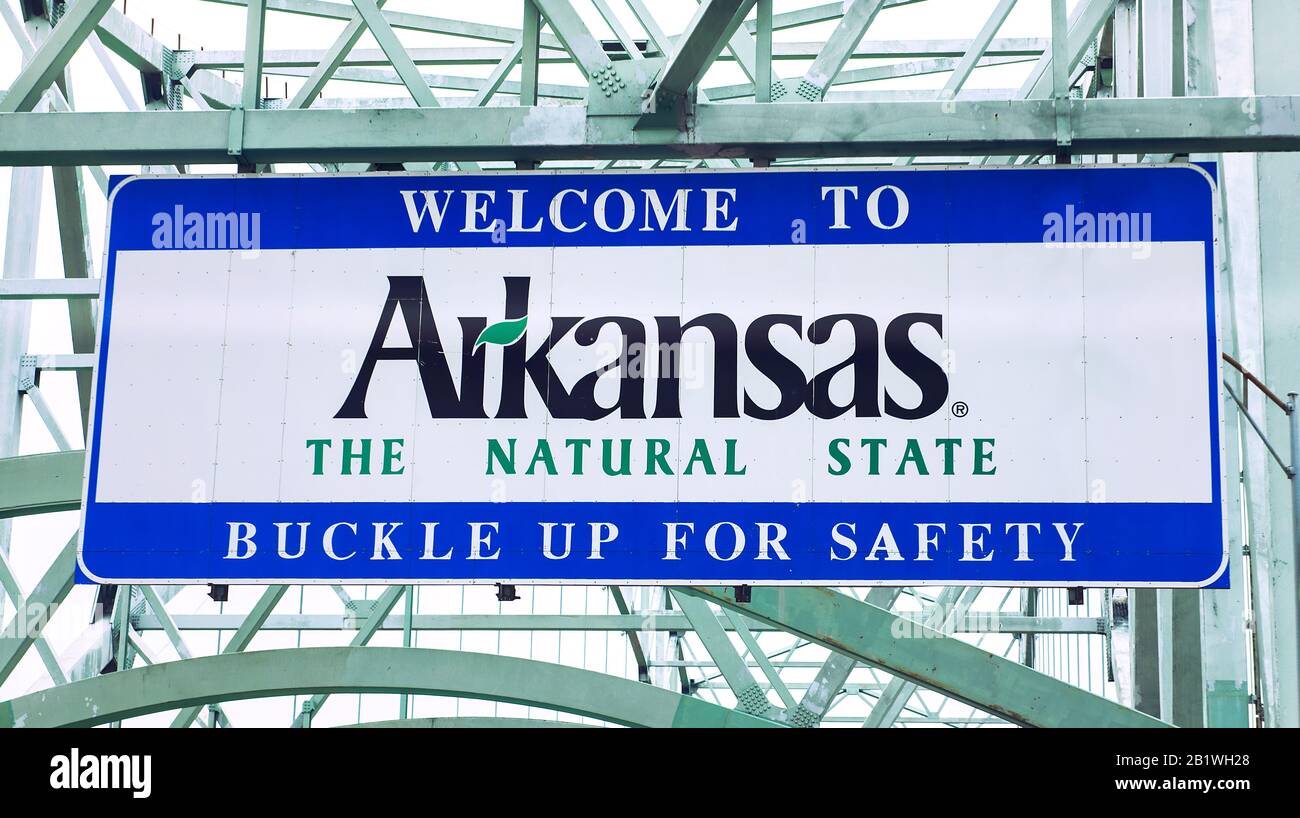 Willkommen im Arkansas Highway Schild auf der I-40 zwischen Tennessee und Arkansas Stockfoto